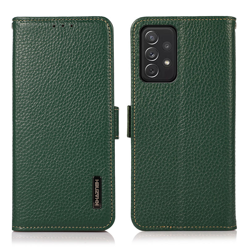 

KHAZNEH Litchi Skin Wallet Stand Design Genuine Leather Mobile Phone Shell Case with RFID Blocking for Samsung Galaxy A72 5G/4G - Green, Galaxy A72 5G