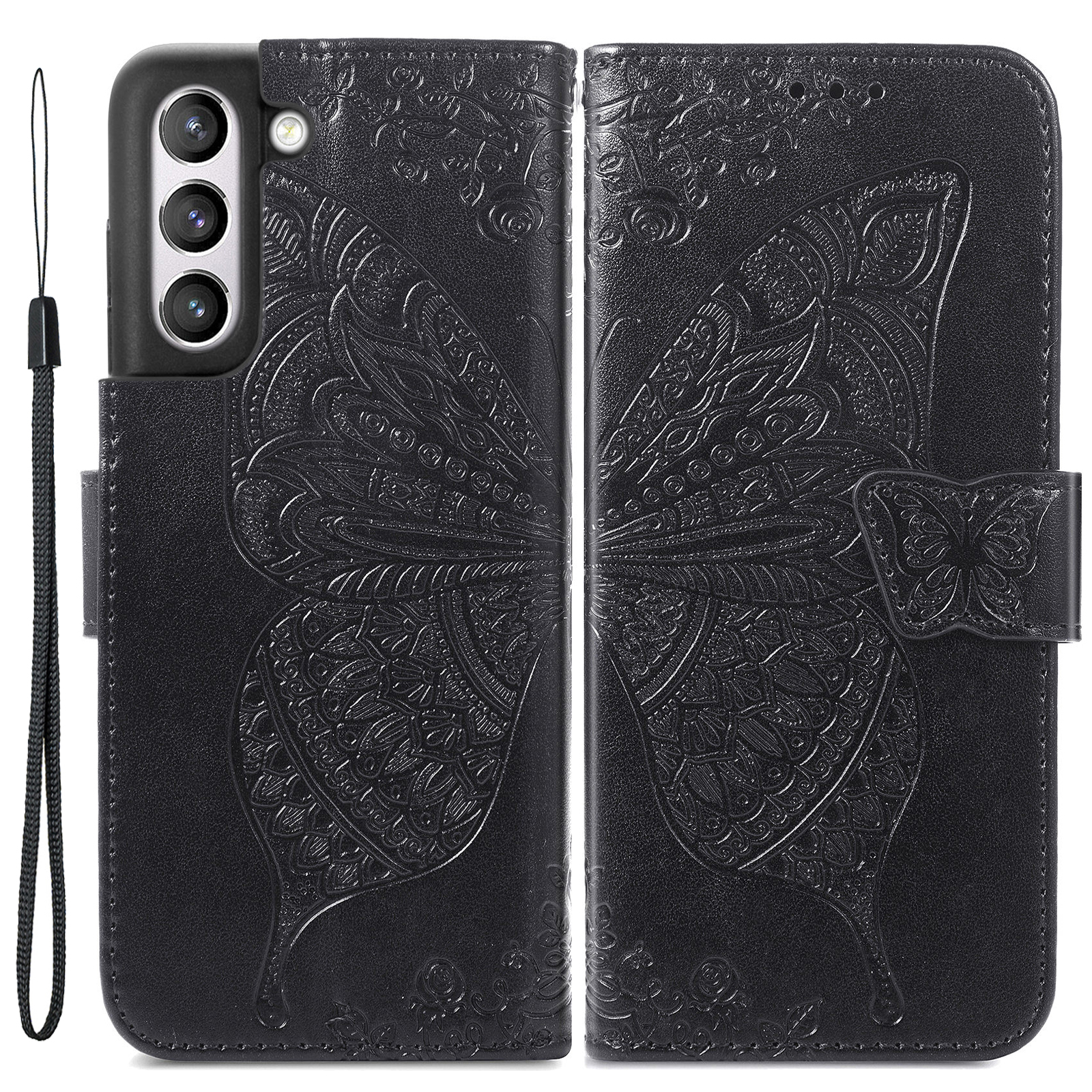 

Wallet Design Big Butterfly Imprinting Leather Phone Shell with Stand for Samsung Galaxy S21 FE - Black, Galaxy S21 FE 5G