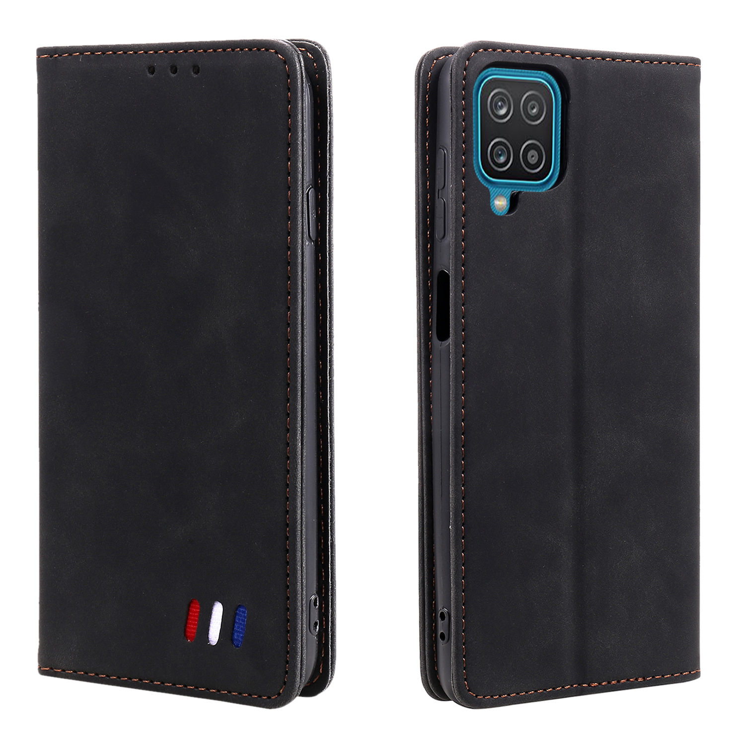 

Tri-color Decor Leather Magnetic Auto-absorbed Skin-touch Feeling Phone Wallet Shell Case for Samsung Galaxy A12 - Black, Galaxy A12