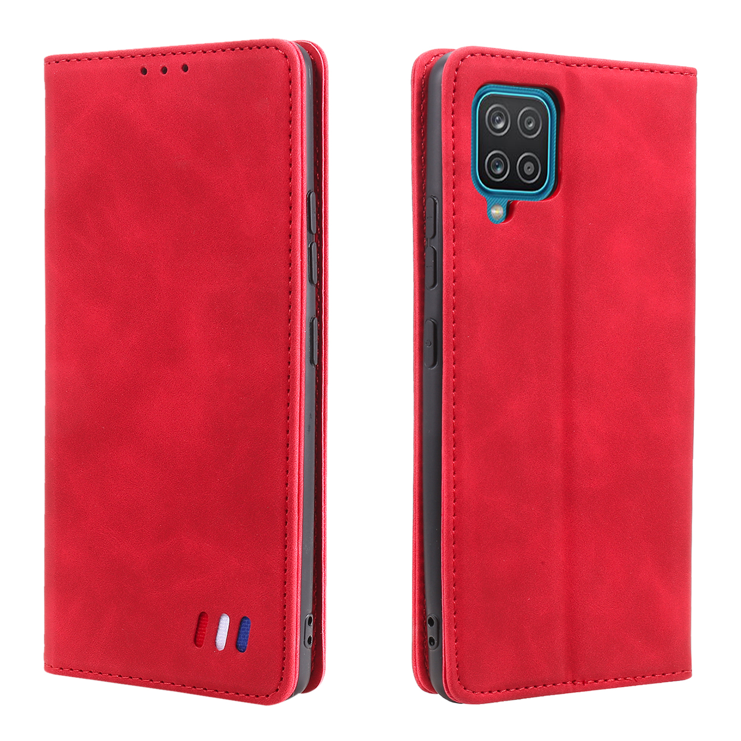 

Tri-color Decor Leather Magnetic Auto-absorbed Skin-touch Feeling Phone Wallet Shell Case for Samsung Galaxy A12 - Red, Galaxy A12