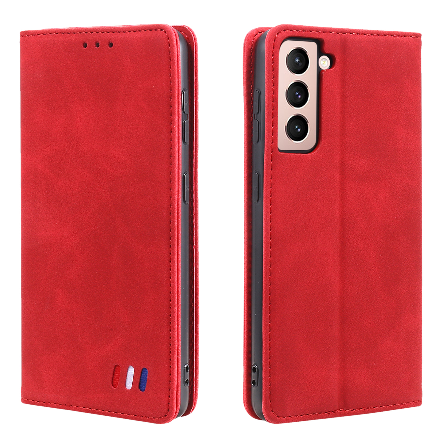 

Tri-Color Decor Decor Consustry Auto-Asgraded Skin-Touch Ощущение Кожаный Сотовый Телефон Кошелек Чехол Для Samsung Galaxy S21 5G - Красный, Galaxy S21 5G