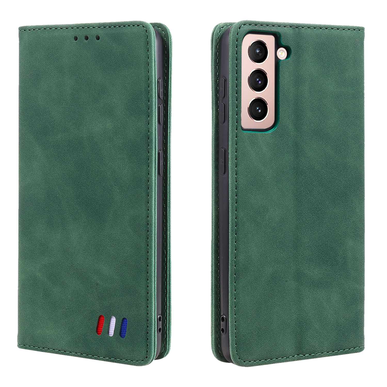 

Tri-color Decor Design Auto-absorbed Skin-touch Feeling Leather Cell Phone Wallet Case Cover for Samsung Galaxy S21 5G - Green, Galaxy S21 5G