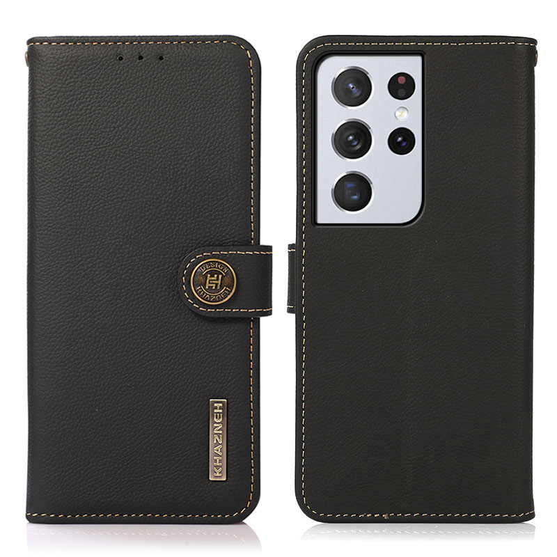 

KHAZNEH RFID Anti-theft Swiping Design Genuine Leather Full Coverage Phone Shell Case for Samsung Galaxy S21 Ultra 5G - Black, Galaxy S21 Ultra 5G