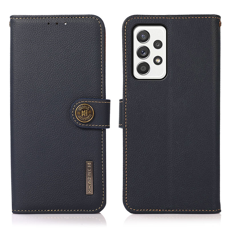 

KHAZNEH RFID Anti-theft Swiping Wallet Stand Design Genuine Leather Phone Protective Case for Samsung Galaxy A52 4G/5G / A52s 5G - Blue, Galaxy A52 5G