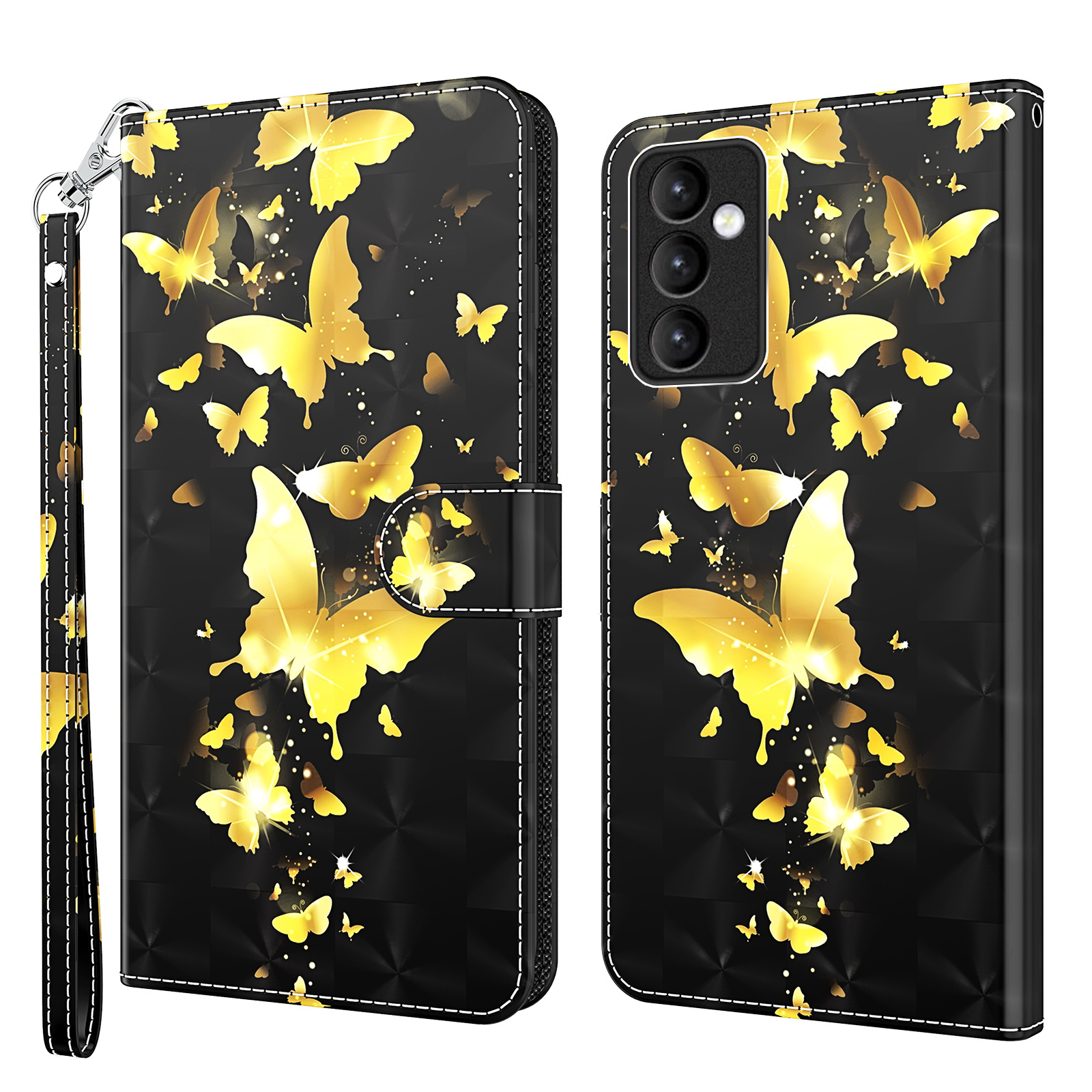 

3D Pattern Printing Leather Mobile Phone Shell Stand Case Cover with Strap for Samsung Galaxy A82 5G - Gold Butterfly, Galaxy A82 5G