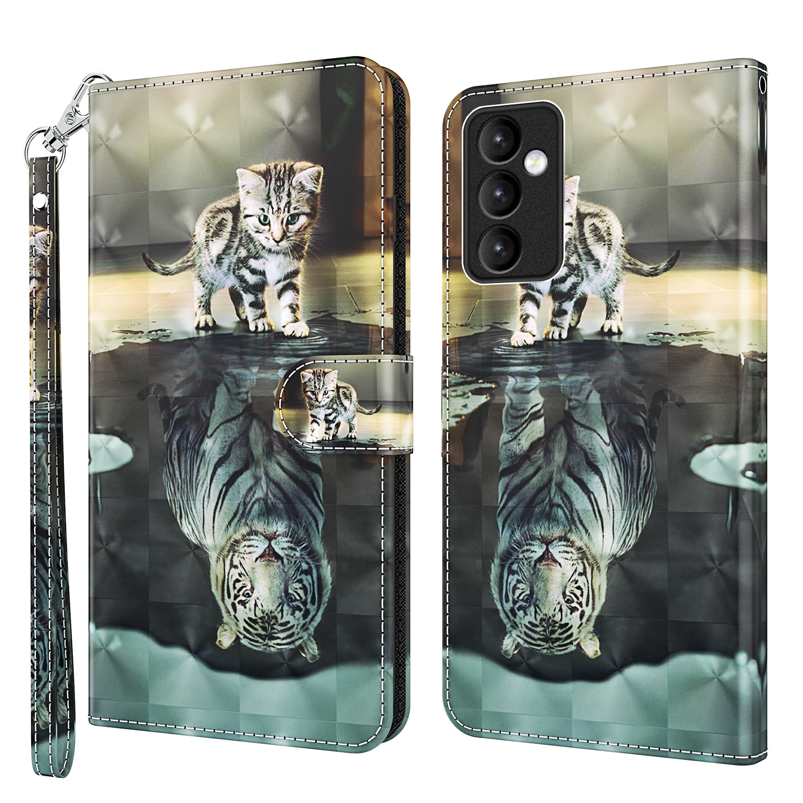 

3D Pattern Printing Leather Mobile Phone Shell Stand Case Cover with Strap for Samsung Galaxy A82 5G - Cat and Tiger, Galaxy A82 5G