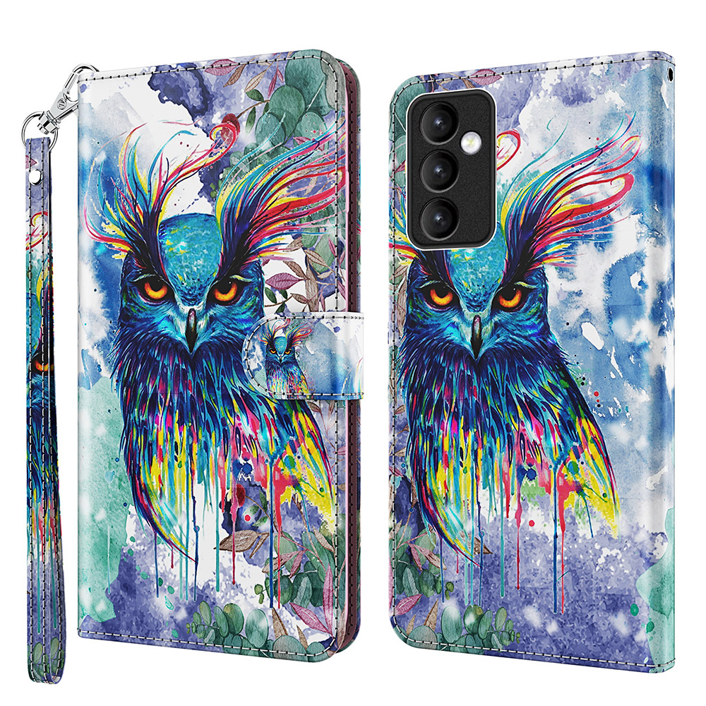 

3D Pattern Printing Leather Mobile Phone Shell Stand Case Cover with Strap for Samsung Galaxy A82 5G - Watercolor Owl, Galaxy A82 5G
