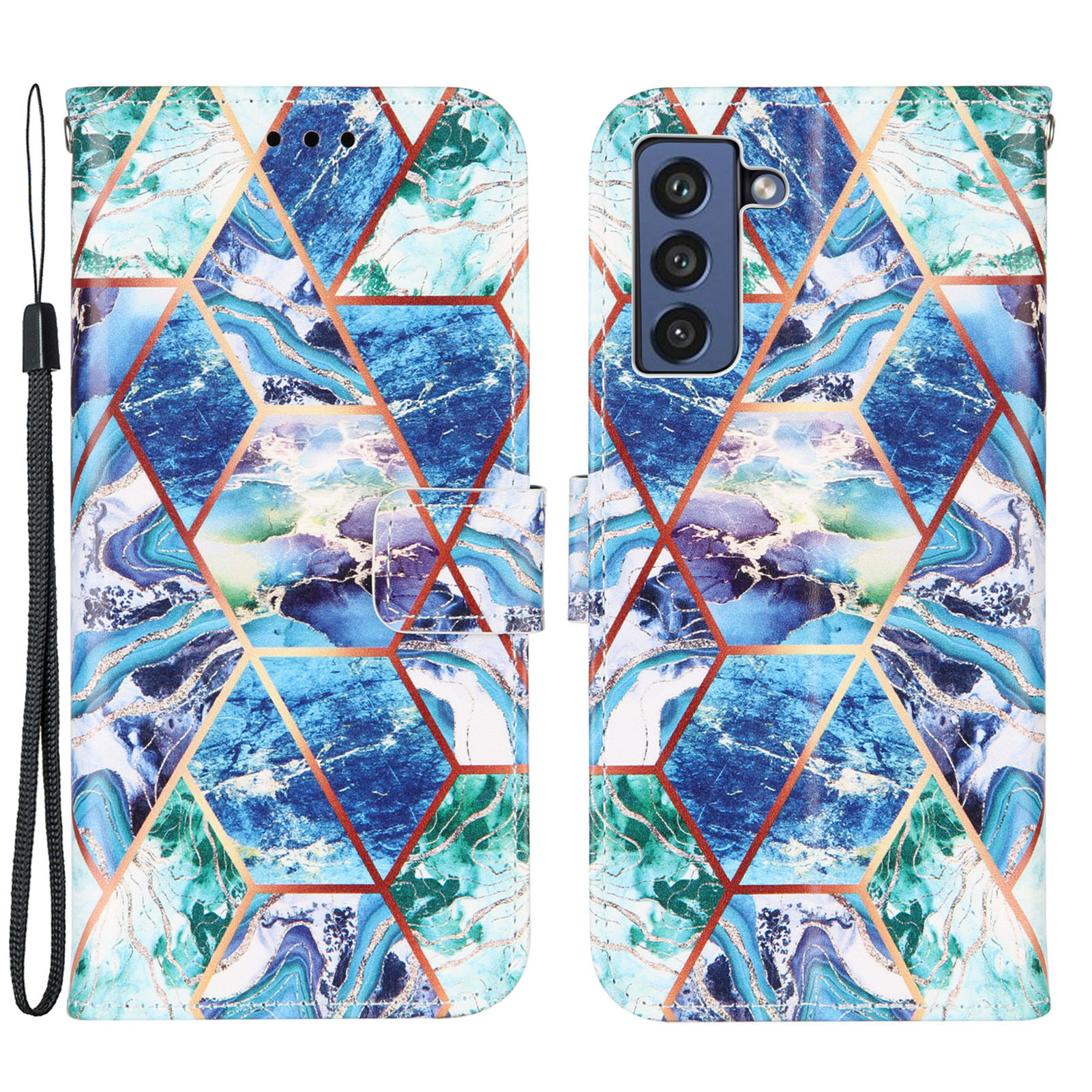 

Pull-Protection Splicing Marble Pattern Cell Phone Leather Case Wallet Cover for Samsung Galaxy S21 FE 5G - Blue/Green, Galaxy S21 FE 5G
