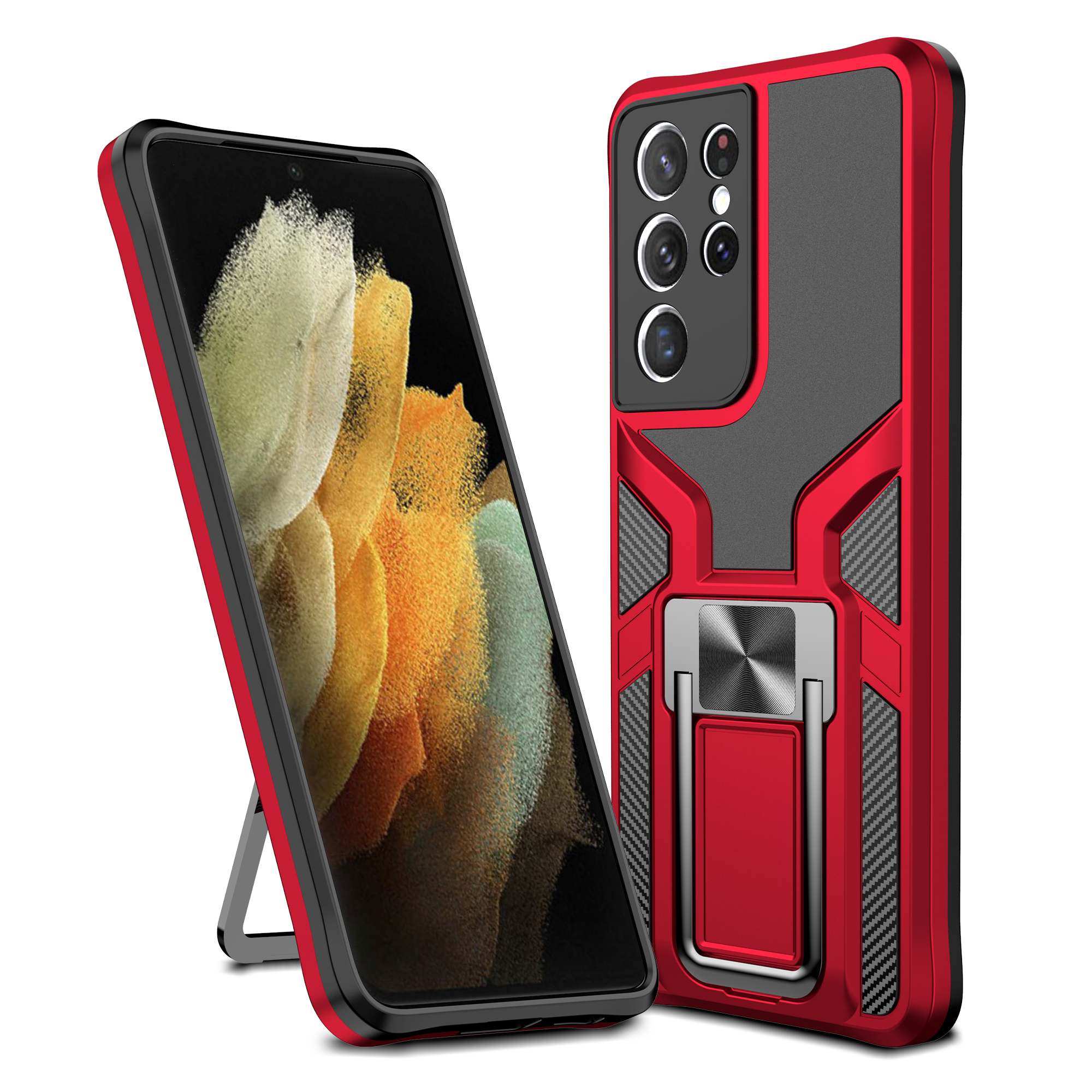 

PC + TPU Combo Quality Hybrid Kickstand Case Cover (Built-in Magnetic Metal Sheet) for Samsung Galaxy S21 Ultra 5G - Red, Galaxy S21 Ultra 5G
