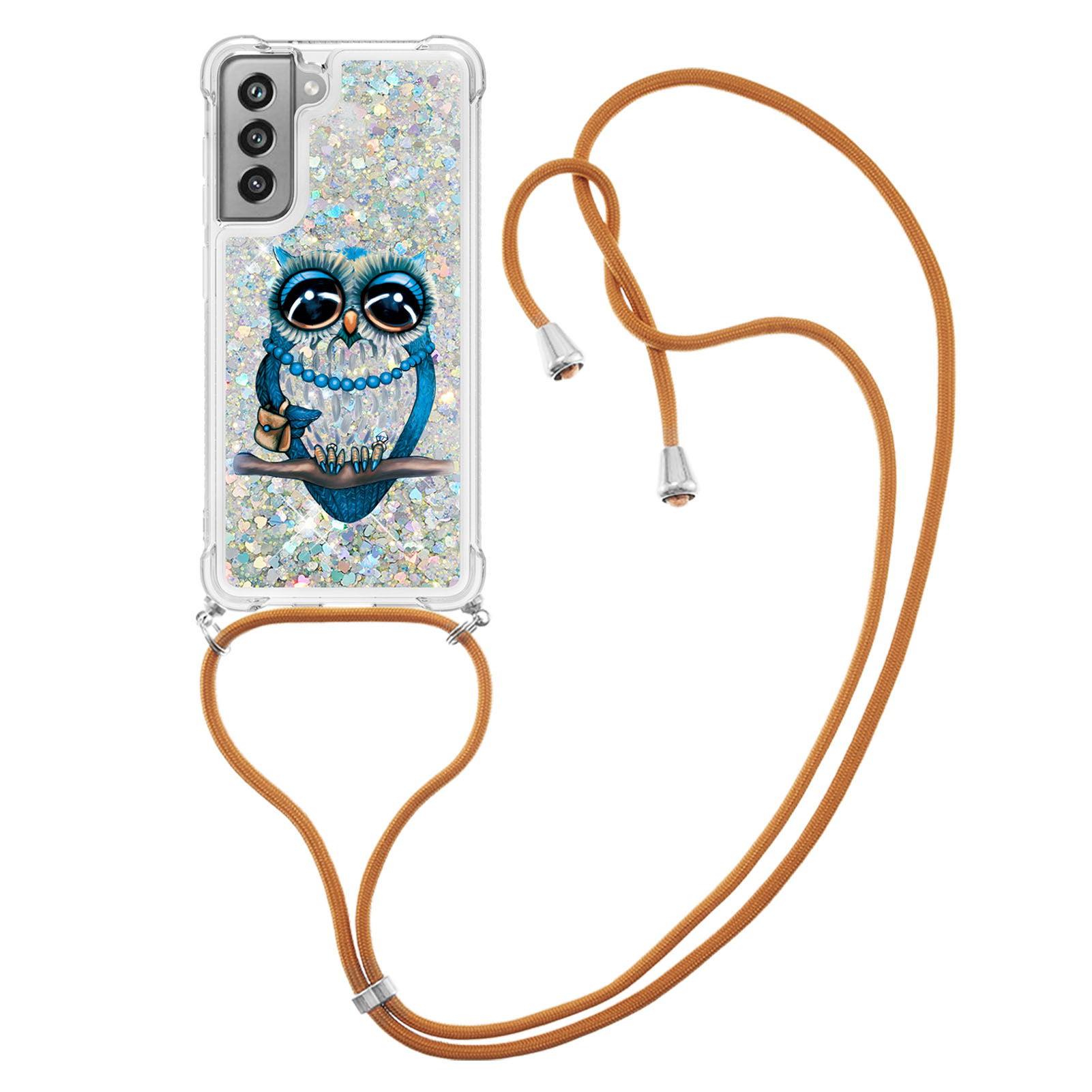 

Quicksand Shiny Glitter Pattern Printing TPU Phone Case Cover with Strap for Samsung Galaxy S21 FE - Owl, Galaxy S21 FE 5G