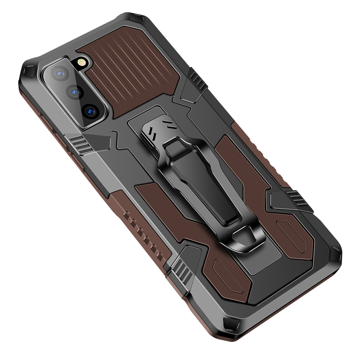 

Hybrid Protector Case with Kickstand PC + TPU + Metal Combo Phone Cover for Samsung Galaxy S21 FE - Coffee, Galaxy S21 FE 5G