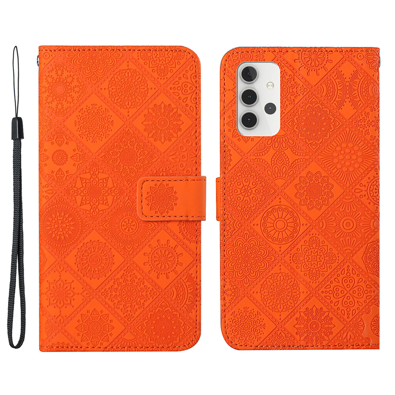 

Imprinted Flower Wallet Leather Case with Hand Strap for Samsung Galaxy A32 4G - Orange, Samsung Galaxy A32 4G (EU Version)