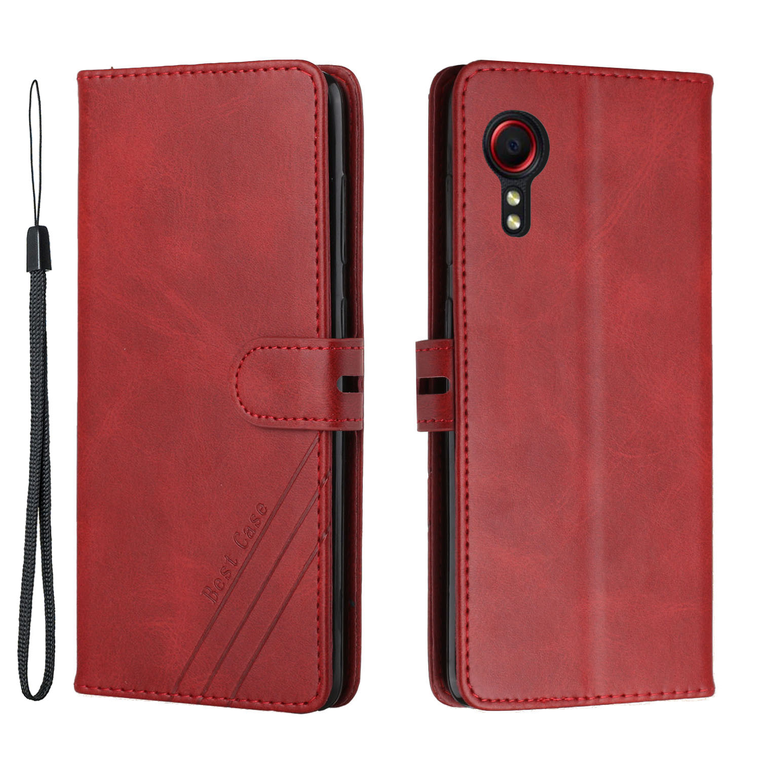 

For Samsung Galaxy Xcover 5 PU Leather Phone Case with Wallet & Strap Design - Red, Galaxy Xcover 5