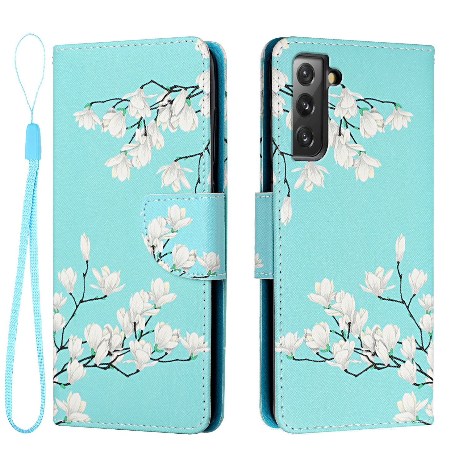 

Wallet Stand Design Pattern Printing Leather Phone Case with Lanyard for Samsung Galaxy S21 FE - White Flower, Galaxy S21 FE 5G