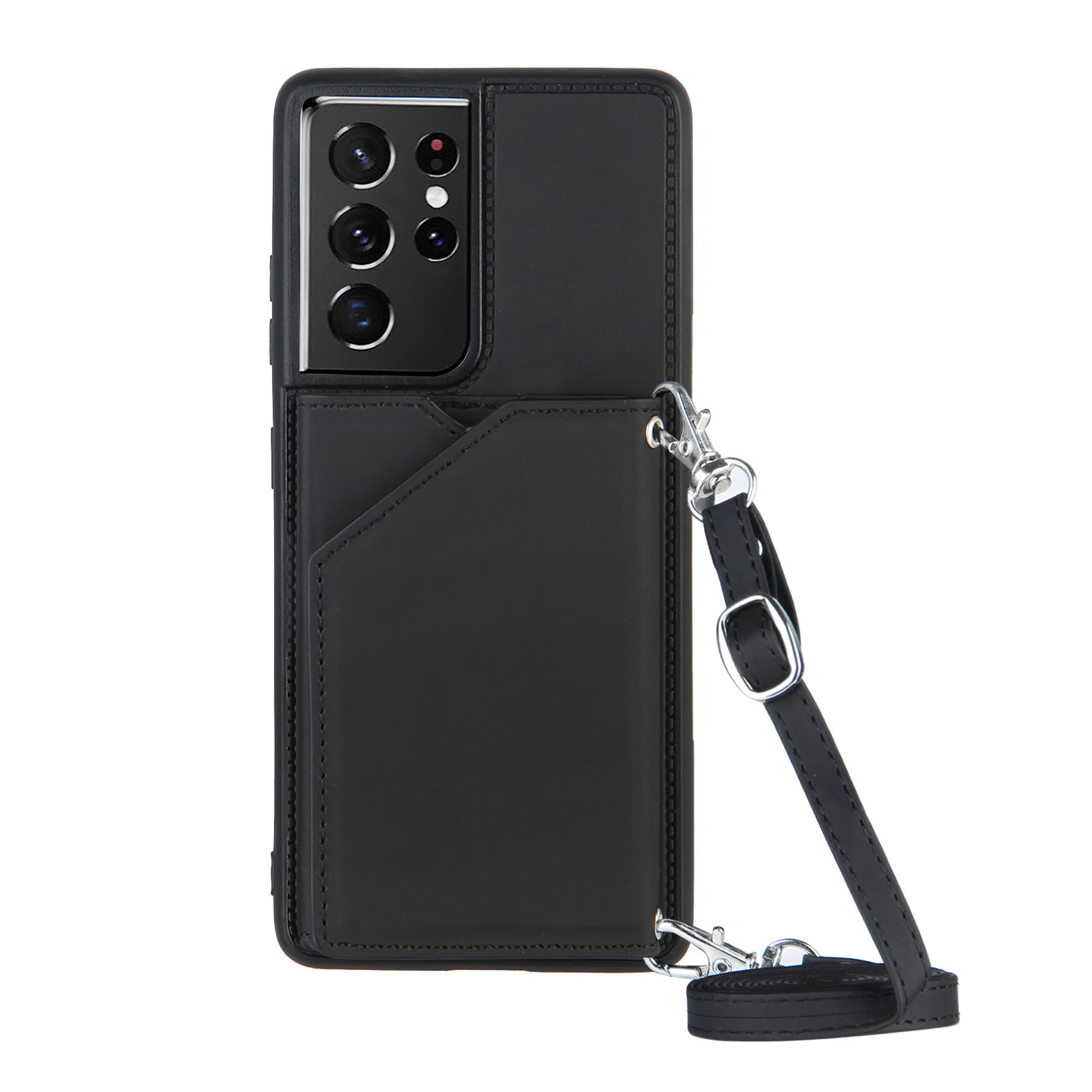 

Stand Card Holder Rubberized Leather Skin TPU Phone Case for Samsung Galaxy S21 Ultra 5G - Black, Galaxy S21 Ultra 5G