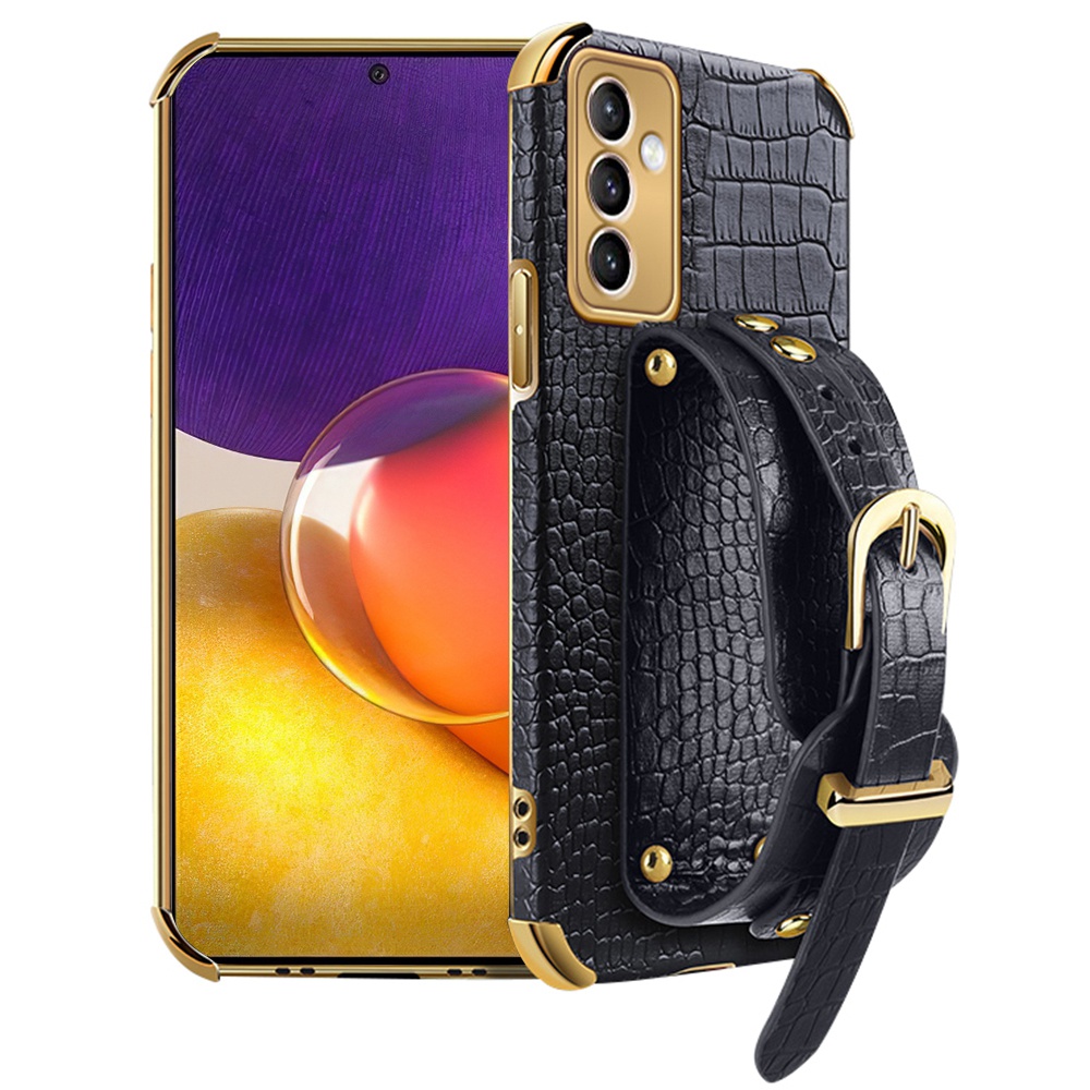 

6D Electroplating Crocodile Skin Leather Coated TPU Phone Case with Wrist Strap Kickstand for Samsung Galaxy A82 5G - Black, Galaxy A82 5G