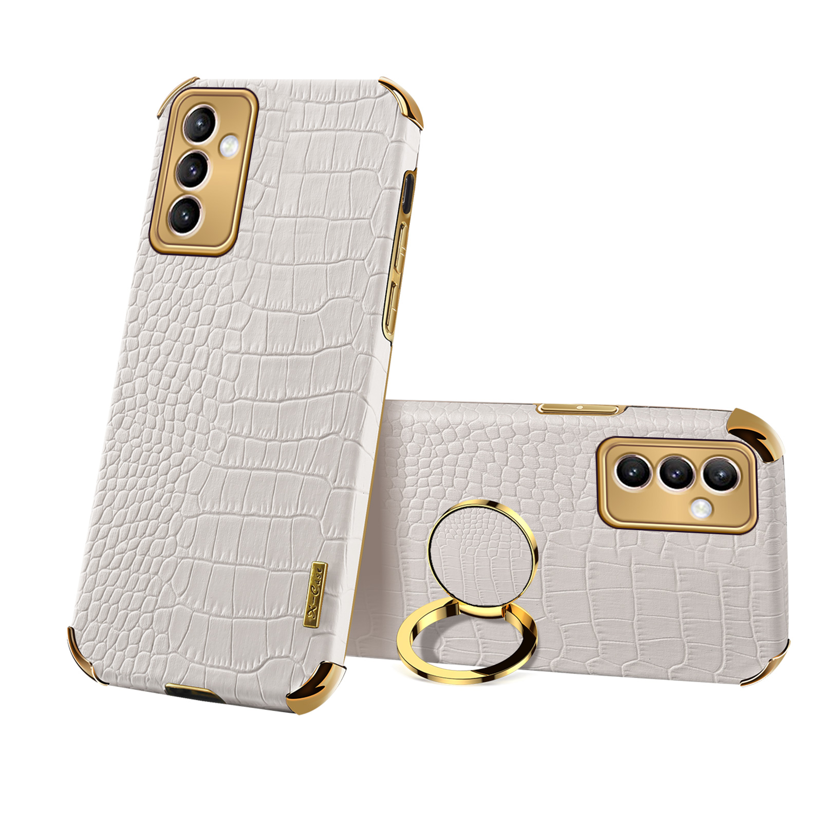 

6D Electroplated Crocodile Texture Leather Coated TPU Phone Case with Finger Ring Holder for Samsung Galaxy A82 5G - White, Galaxy A82 5G