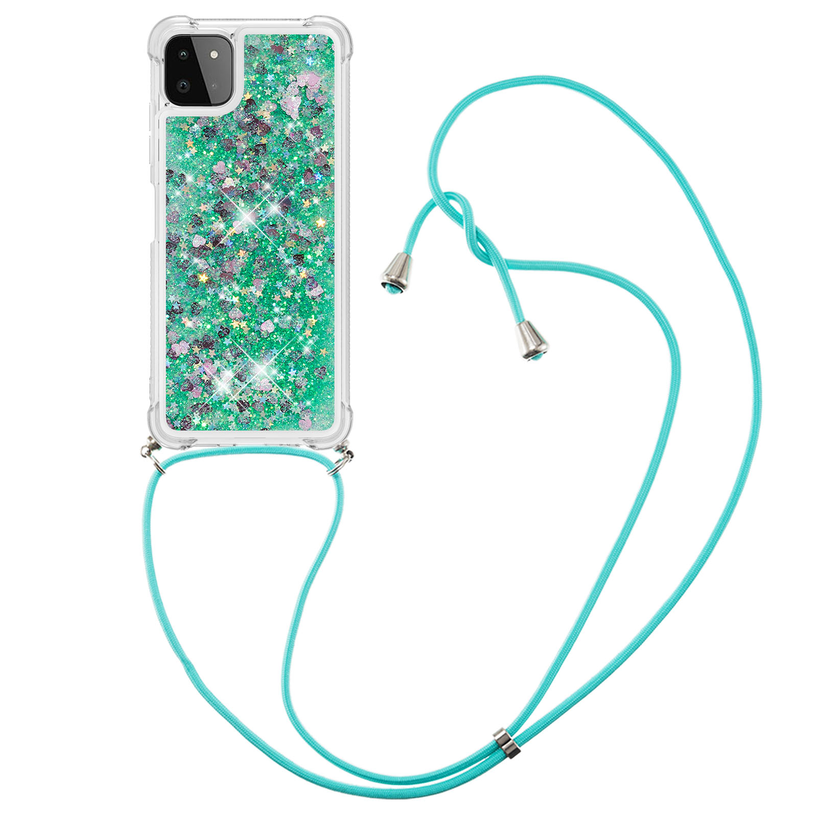

Quicksand Shiny Glitter Pattern Printing TPU Phone Case Cover with Strap for Samsung Galaxy A22 5G (US Version) - Green Hearts, Galaxy A22 5G (US Version)