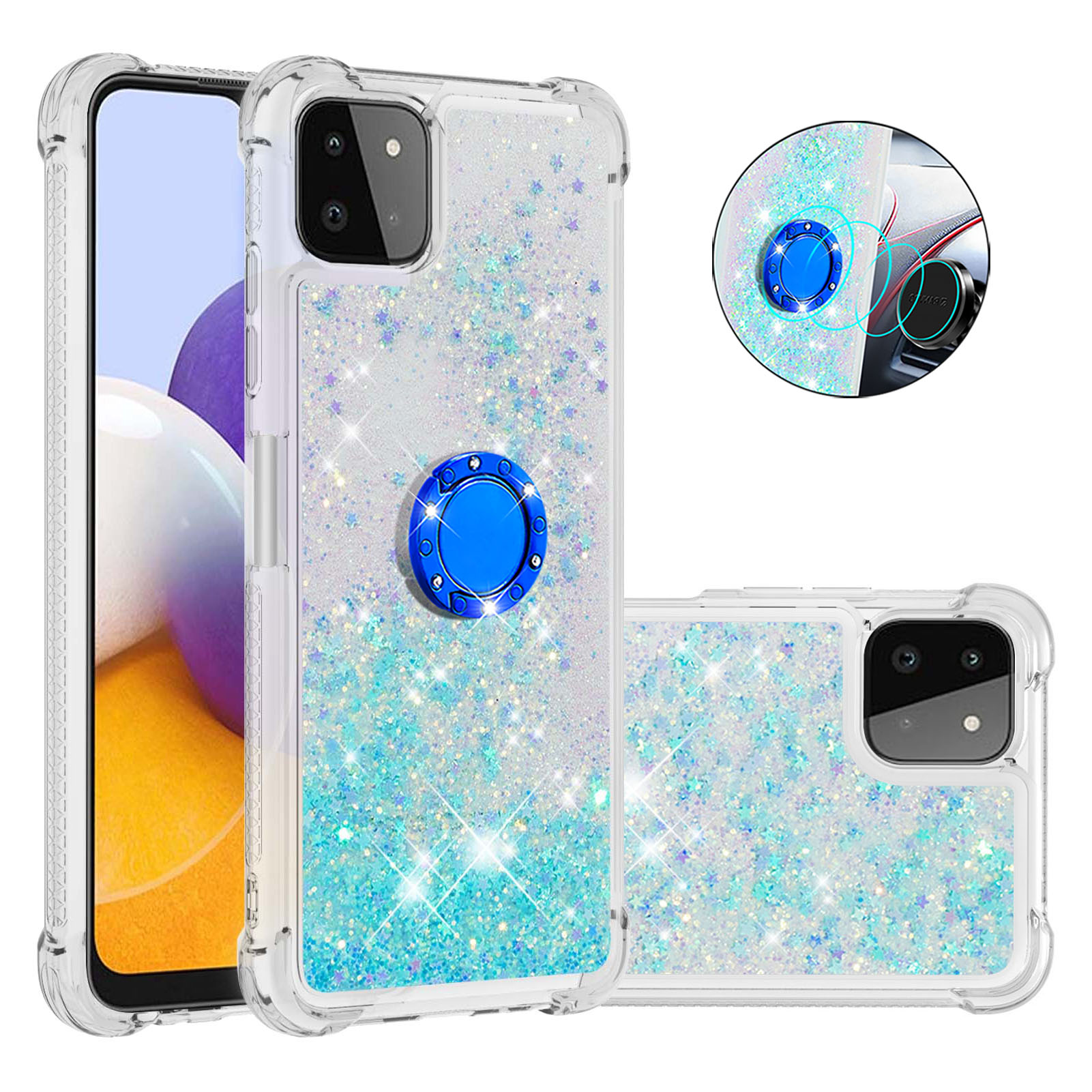 

Stylish Glitter Sequins Quicksand Design TPU Phone Protective Shell with Ring Shape Kickstand for Samsung Galaxy A22 5G (US Version) - Silver Blue Stars, Galaxy A22 5G (US Version)