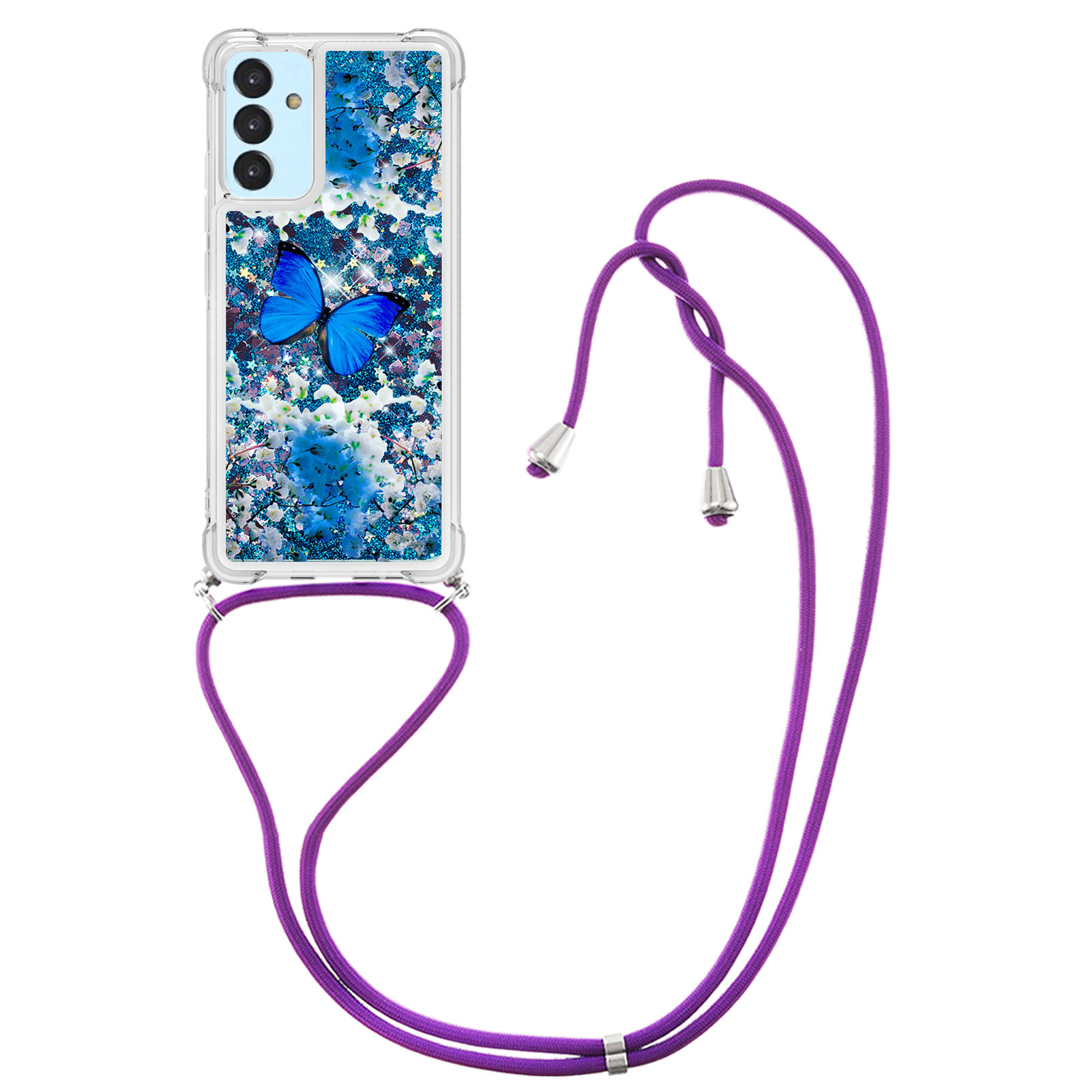 

Patterned Floating Quicksand Shiny Glitter TPU Mobile Phone Case with Strap for Samsung Galaxy A82 5G - Blue Butterfly, Galaxy A82 5G