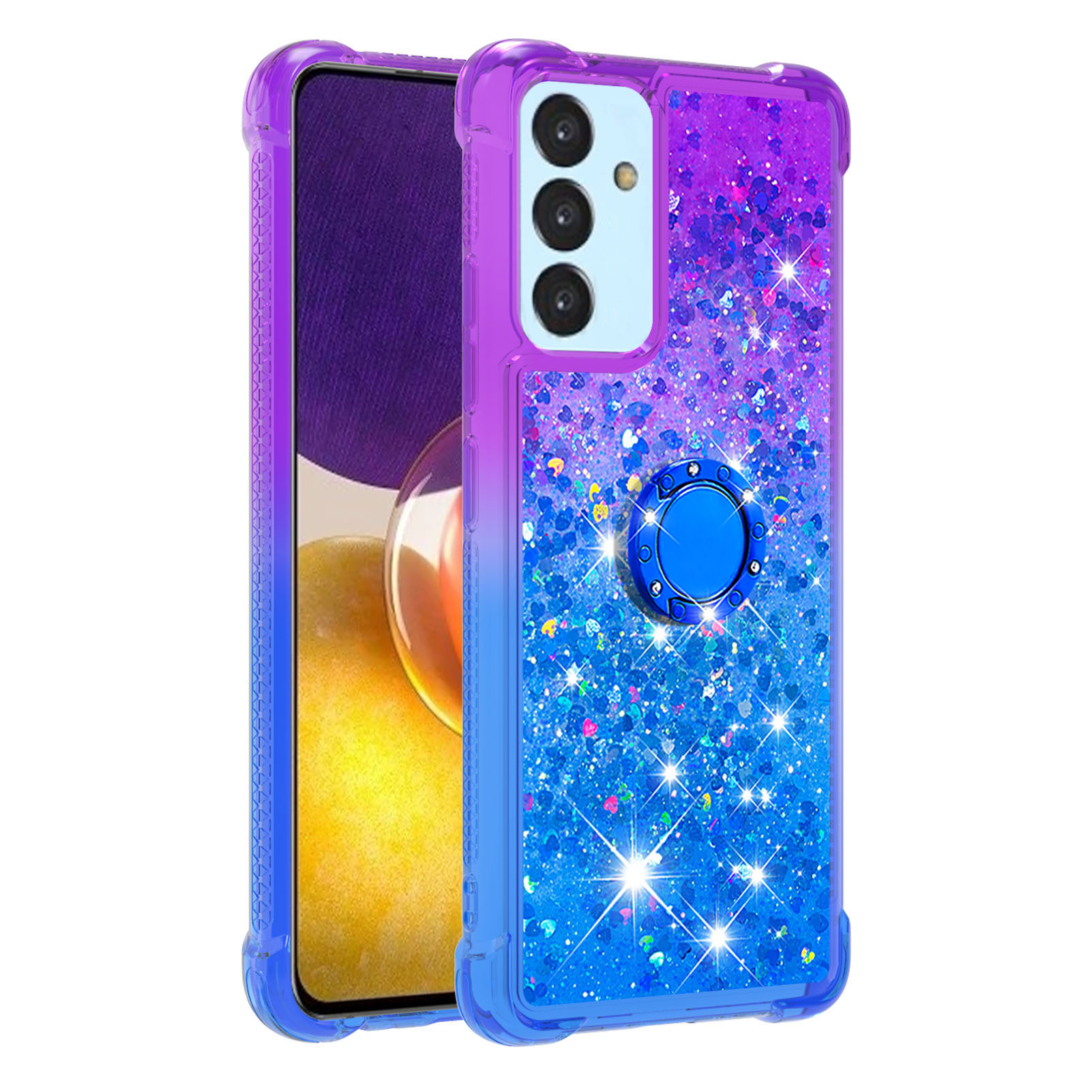 

Glitter Sequins Moving Quicksand Gradient TPU Cover with Finger Ring Kickstand for Samsung Galaxy A82 5G - Purple/Sky Blue, Galaxy A82 5G