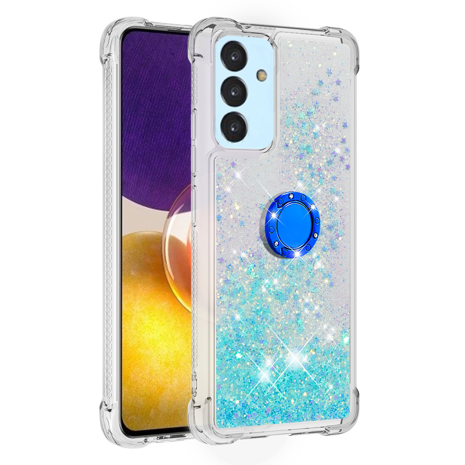 

Finger Ring Kickstand Glitter Sequins Moving Quicksand TPU Phone Case for Samsung Galaxy A82 5G - Blue Stars, Galaxy A82 5G