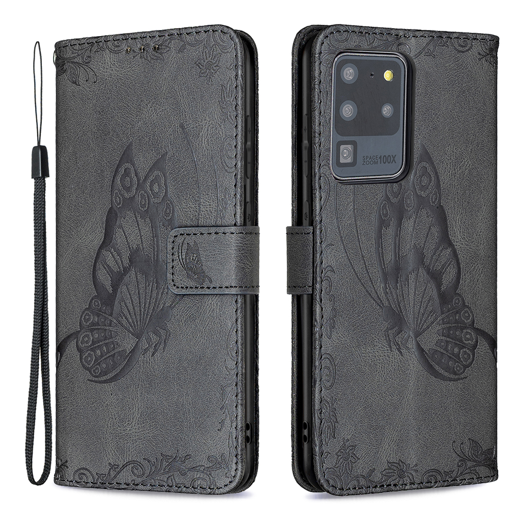 

Imprint Butterfly Flower Leather Shell Cover Для Samsung Galaxy S20 Ultra - Черный, Galaxy S20 Ultra