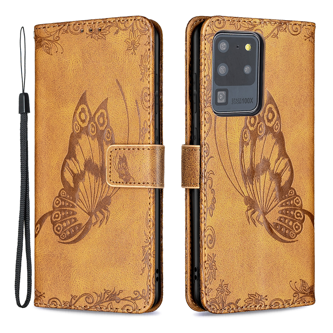 

Imprint Butterfly Flower Leather Wallet Shell Cover for Samsung Galaxy S20 Ultra - Brown, Galaxy S20 Ultra