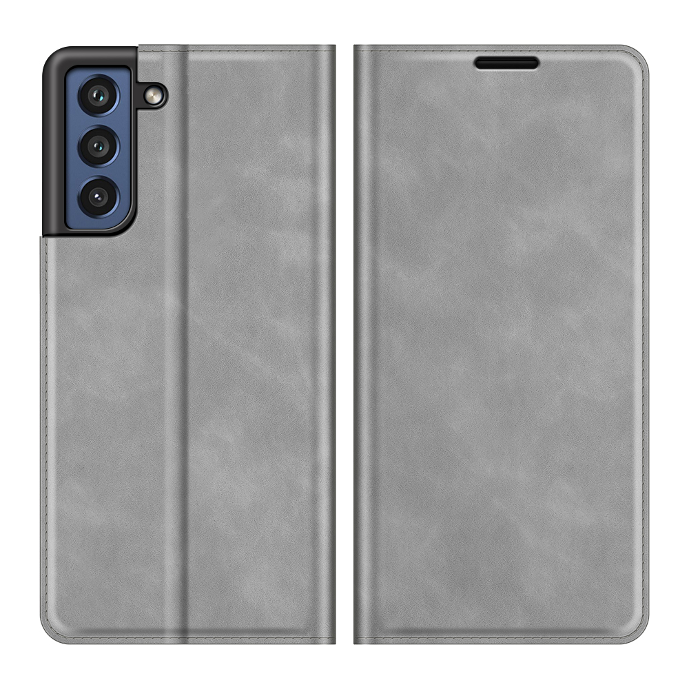 

Smooth Leather Cover Auto-Absorbed Stand Protective Case with Wallet for Samsung Galaxy S21 FE - Grey, Galaxy S21 FE 5G