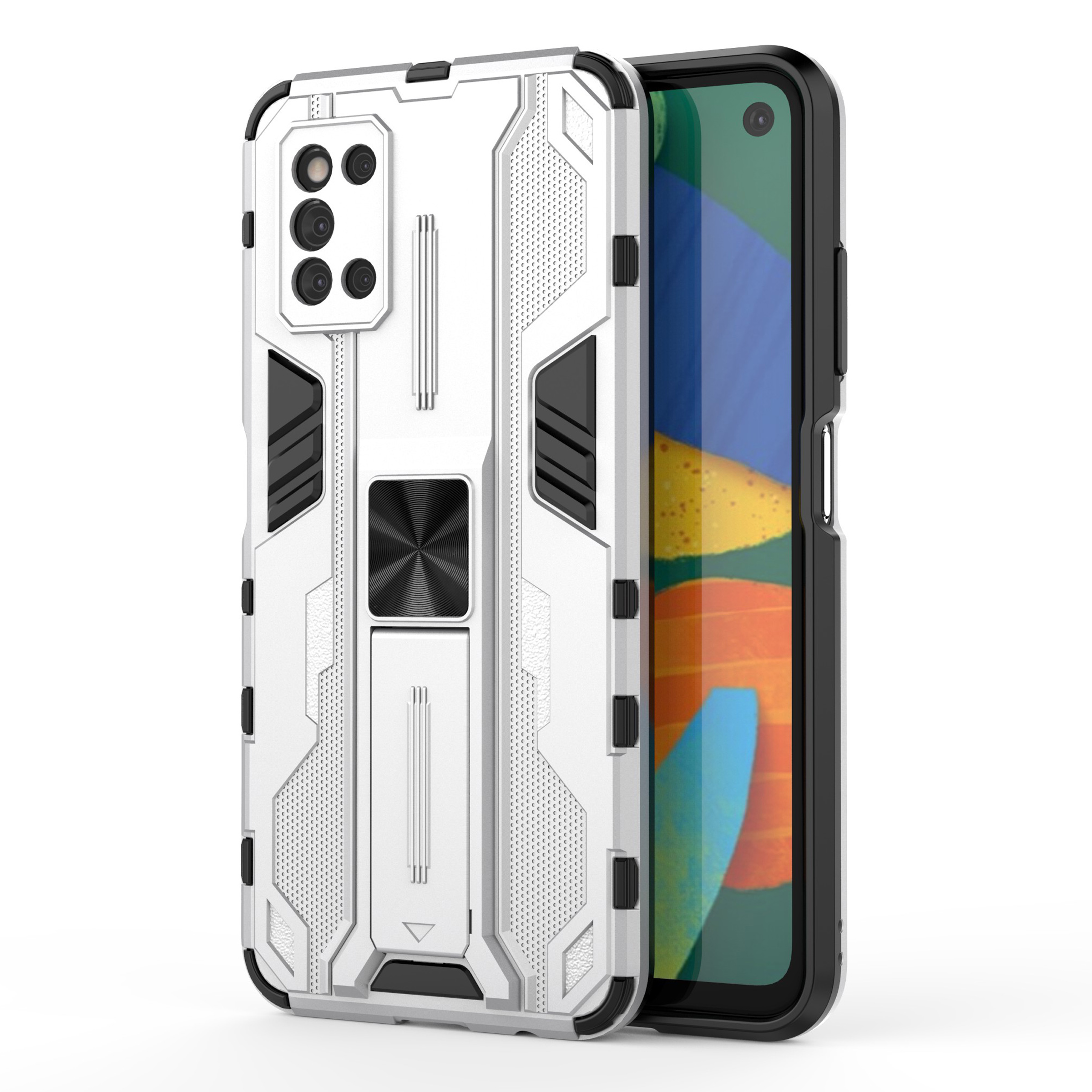 

Устойчивый к Ударум PC + TPU Гибридный Чехол Для Телефона Защитная Крышка с Kickstand Для Samsung Galaxy F52 5G - Серебряный, Galaxy F52 5G