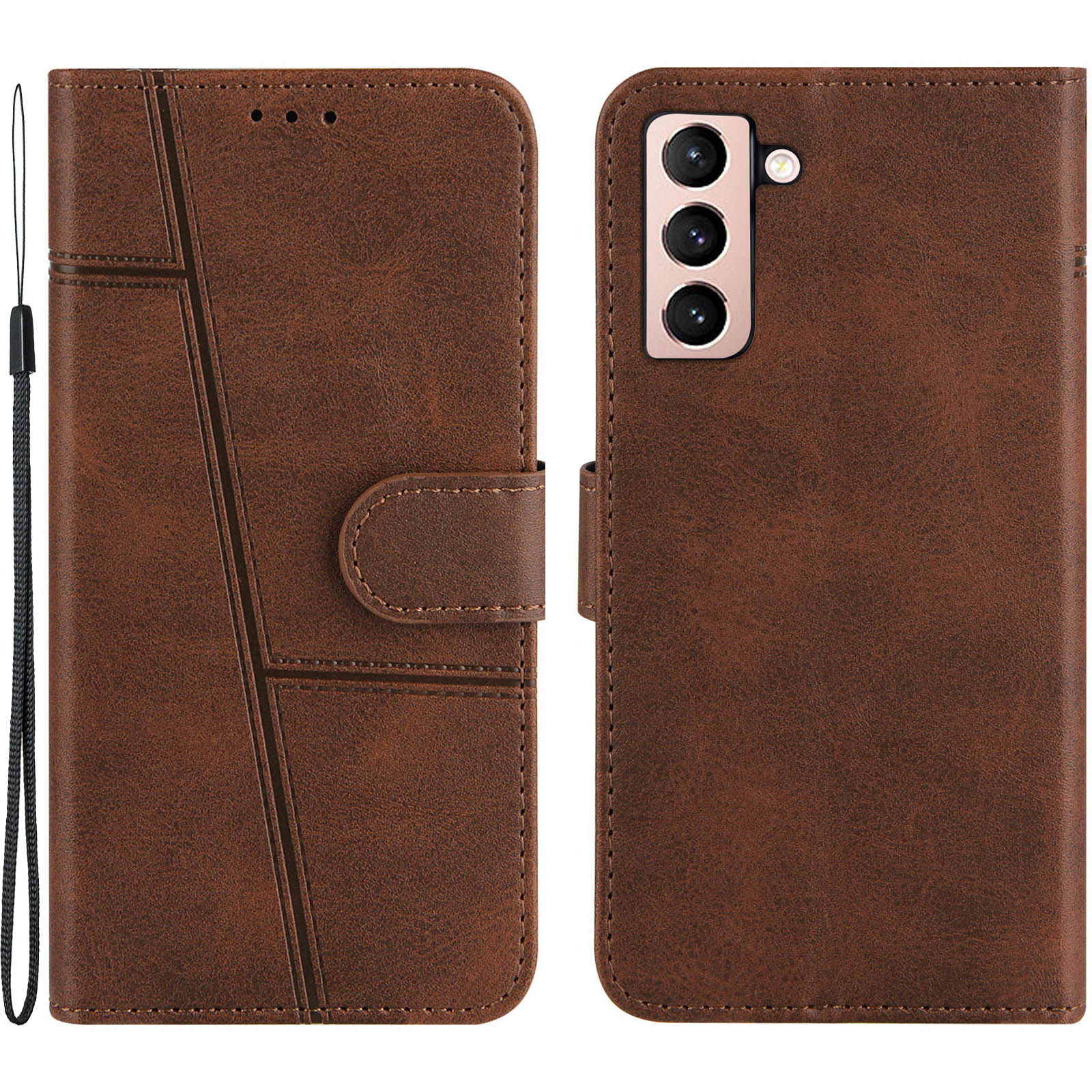 

Wallet Stand Design Full Protection Splicing Leather Phone Cover Case with Strap for Samsung Galaxy S21 5G/4G - Coffee, Galaxy S21 4G