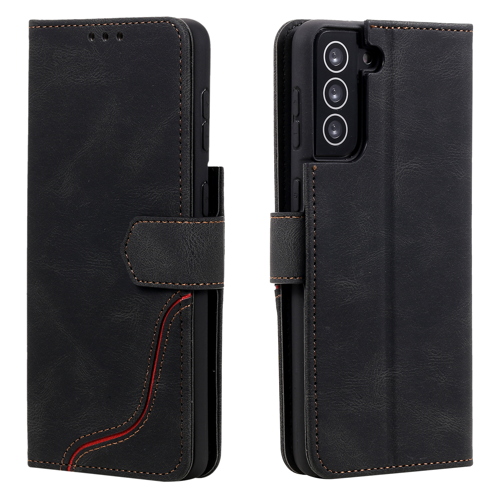 

Skin-Feel Tri-Color Splicing PU Leather Phone Case Cover with Wallet Stand for Samsung Galaxy S21+ 5G - Black, Samsung Galaxy S21+
