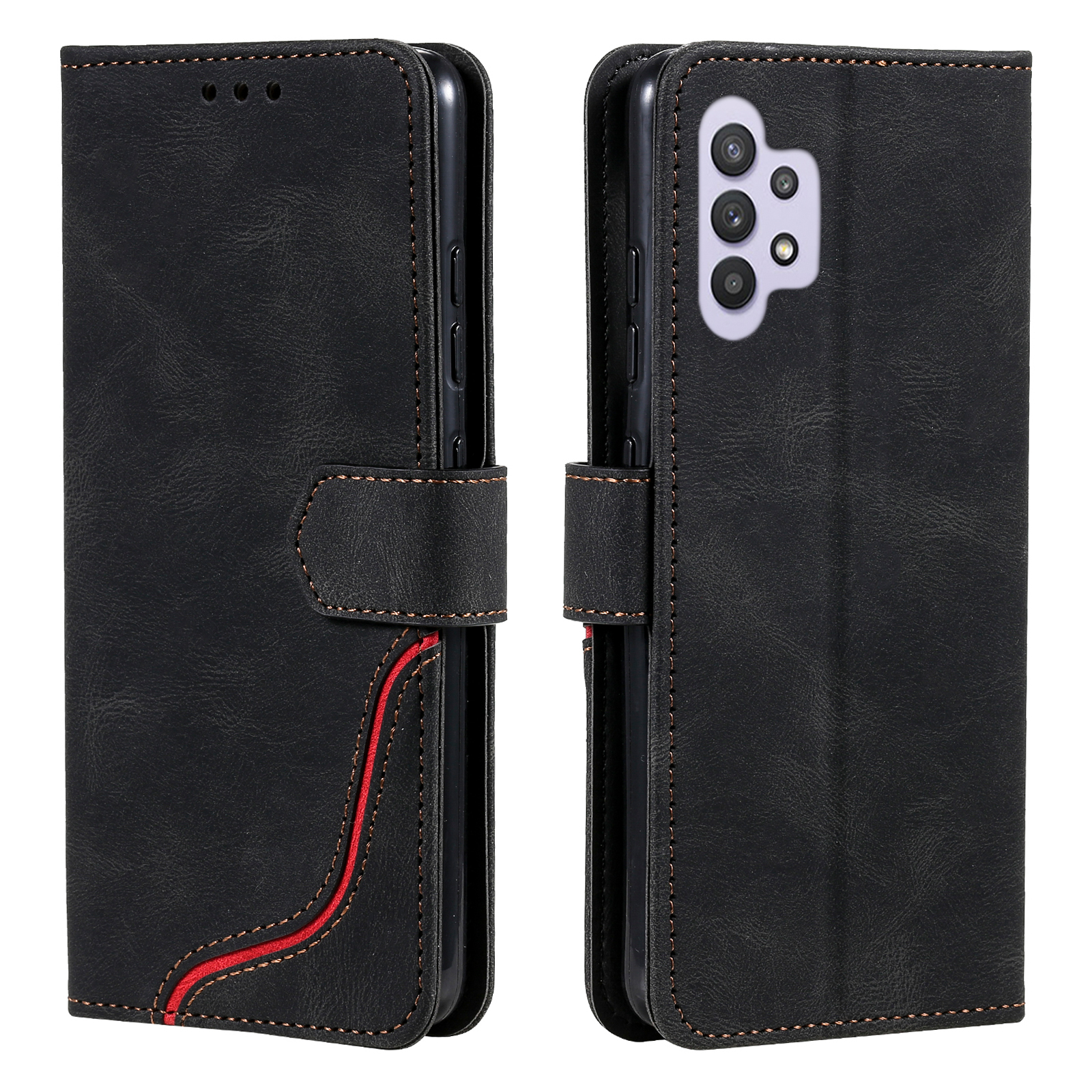 

Skin-Country Tri-Color Splicing PU Кожаный Чехол Для Телефона Кошельки Кошелька Крышка Для Samsung Galaxy A32 4G (версия ЕС) - Чернить, Galaxy A32 4G (EU Version)