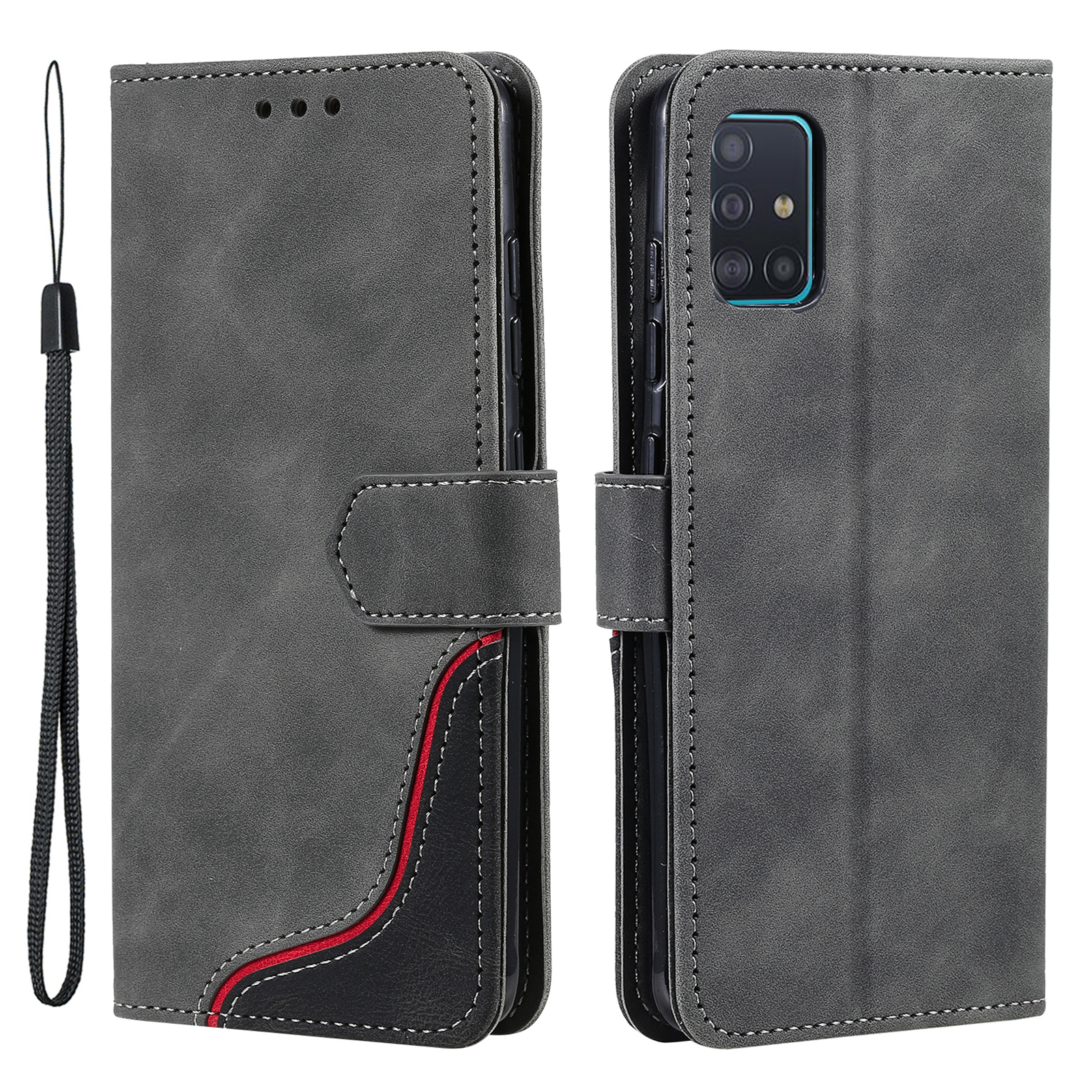 

Skin-touch Feeling Leather Wallet Stand Case Tri-color Splicing Phone Cover for Samsung Galaxy A51 5G SM-A516 - Grey, Galaxy A51 5G