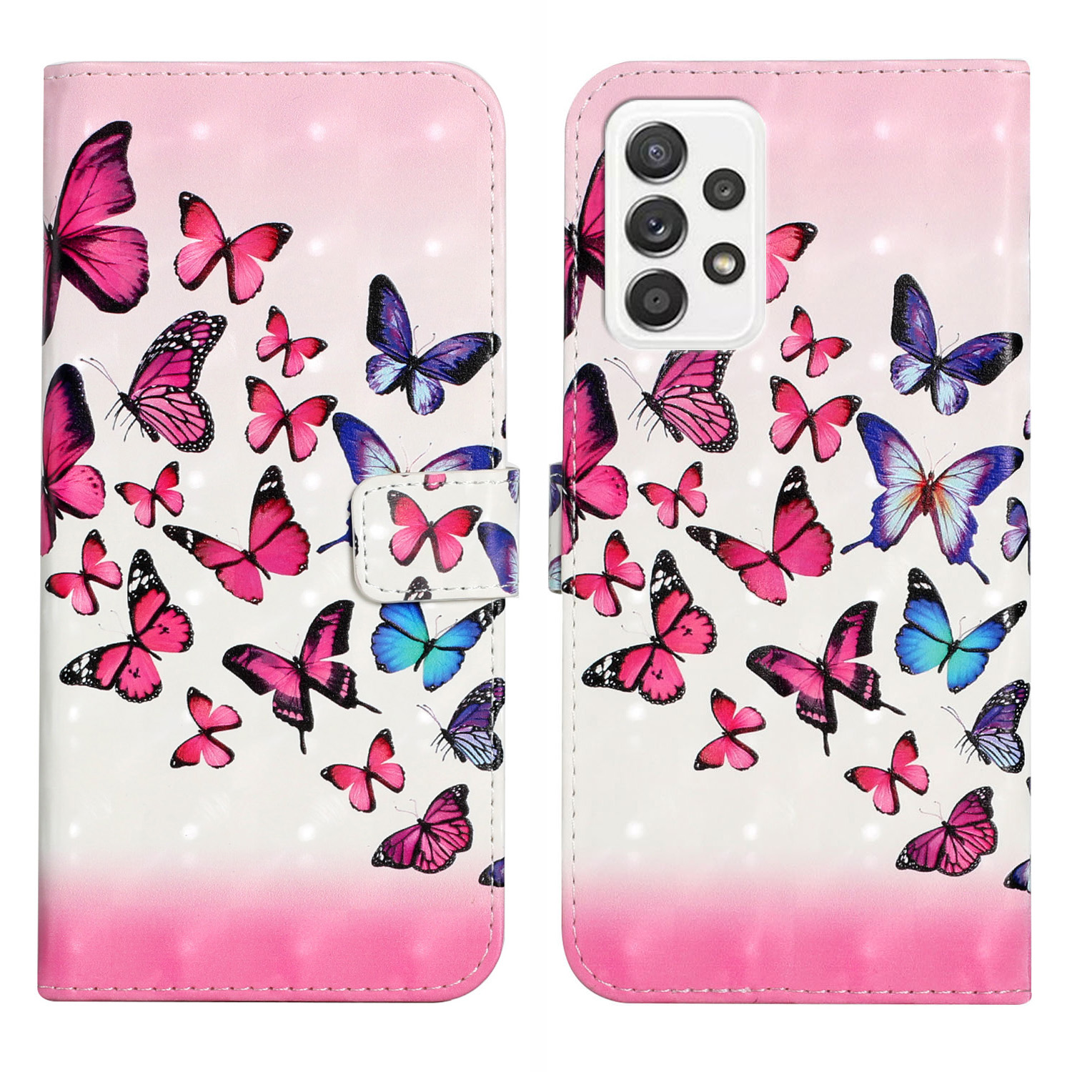 

Flip Slim Premium PU Leather 3D Pattern Printing Design Shockproof Protective Cover for Samsung Galaxy A72 5G / 4G - Pink/Blue Butterfly, Galaxy A72 5G