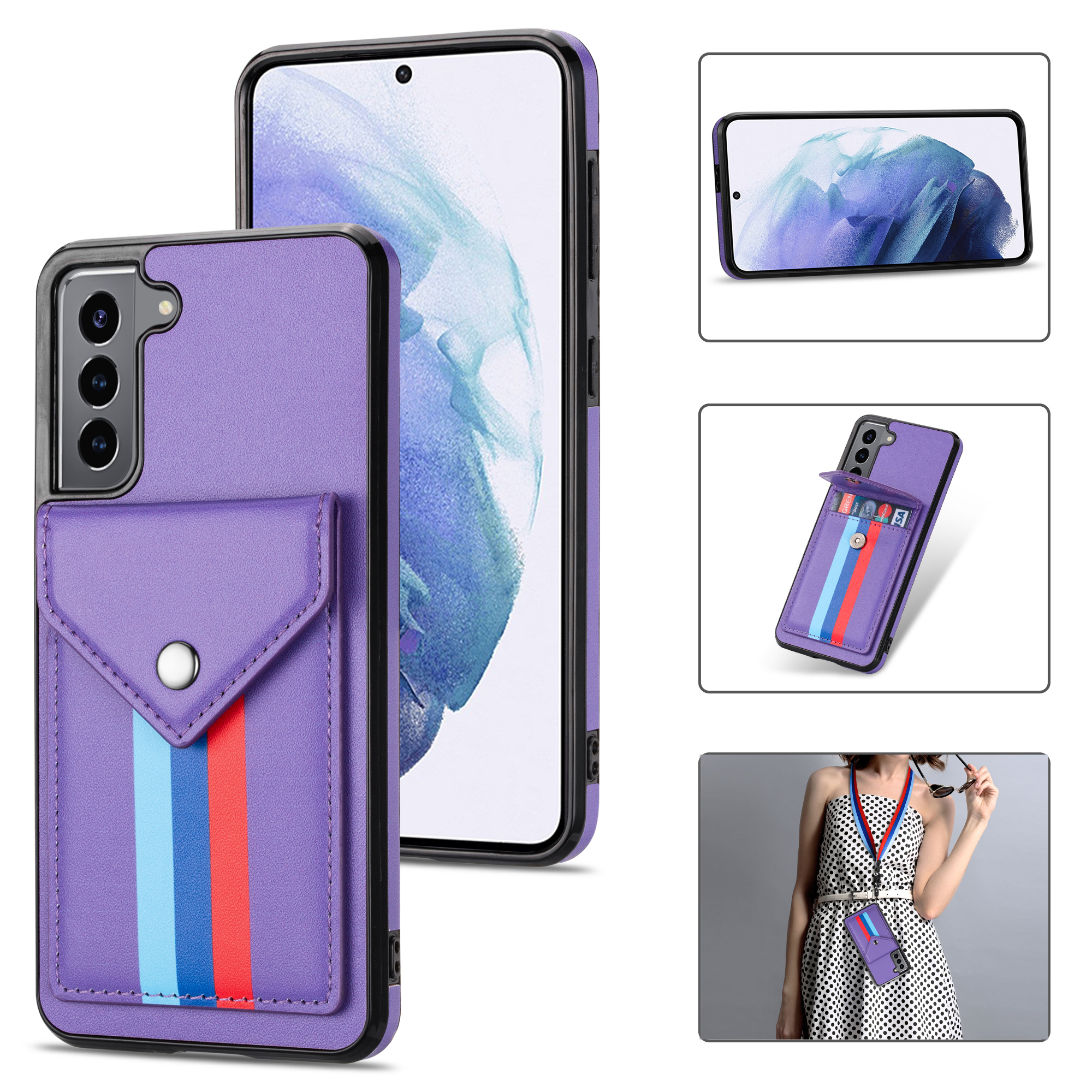 

Card Plot Design Tri-Color TPU + PU Кожаный Гибридный Чехол С Тарелкой Для Samsung Galaxy S21 + 5G - Фиолетовый, Samsung Galaxy S21+