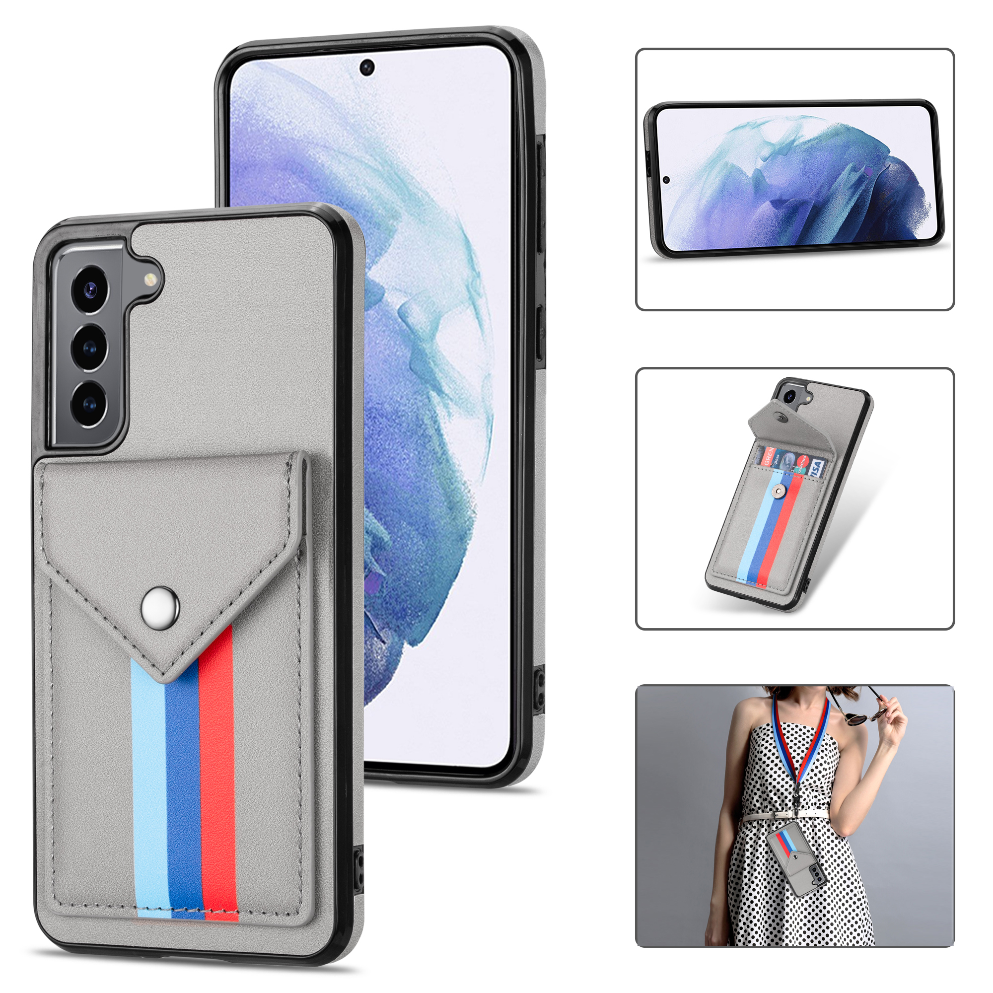 

Card Slot Design Tri-color TPU + PU Leather Hybrid Phone Case with Lanyard for Samsung Galaxy S21+ 5G - Grey, Samsung Galaxy S21+