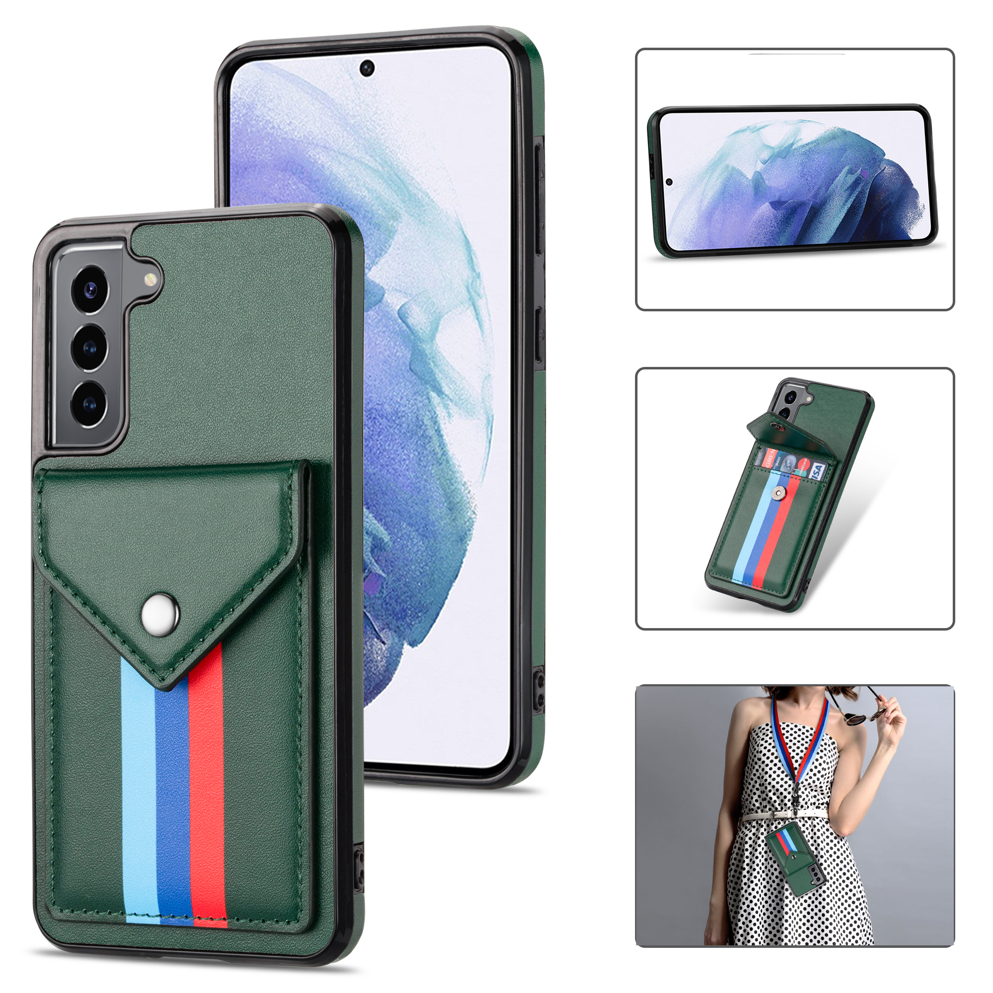

Card Slot Design Tri-color TPU + PU Leather Hybrid Phone Case with Lanyard for Samsung Galaxy S21+ 5G - Blackish Green, Samsung Galaxy S21+
