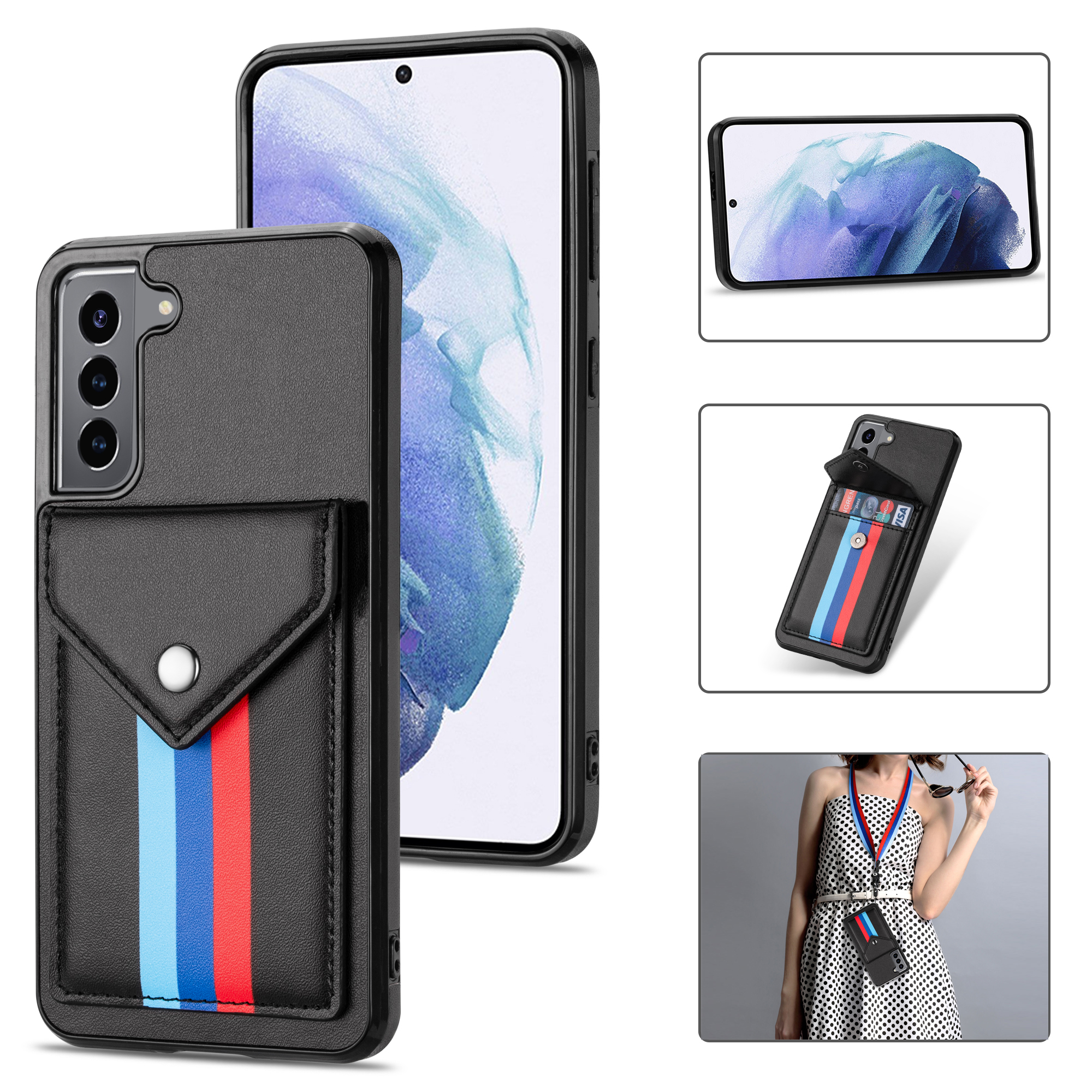 

TPU + PU Leather Hybrid Case Tri-color Card Slot Cover with Lanyard for Samsung Galaxy S21 5G - Black, Galaxy S21 5G