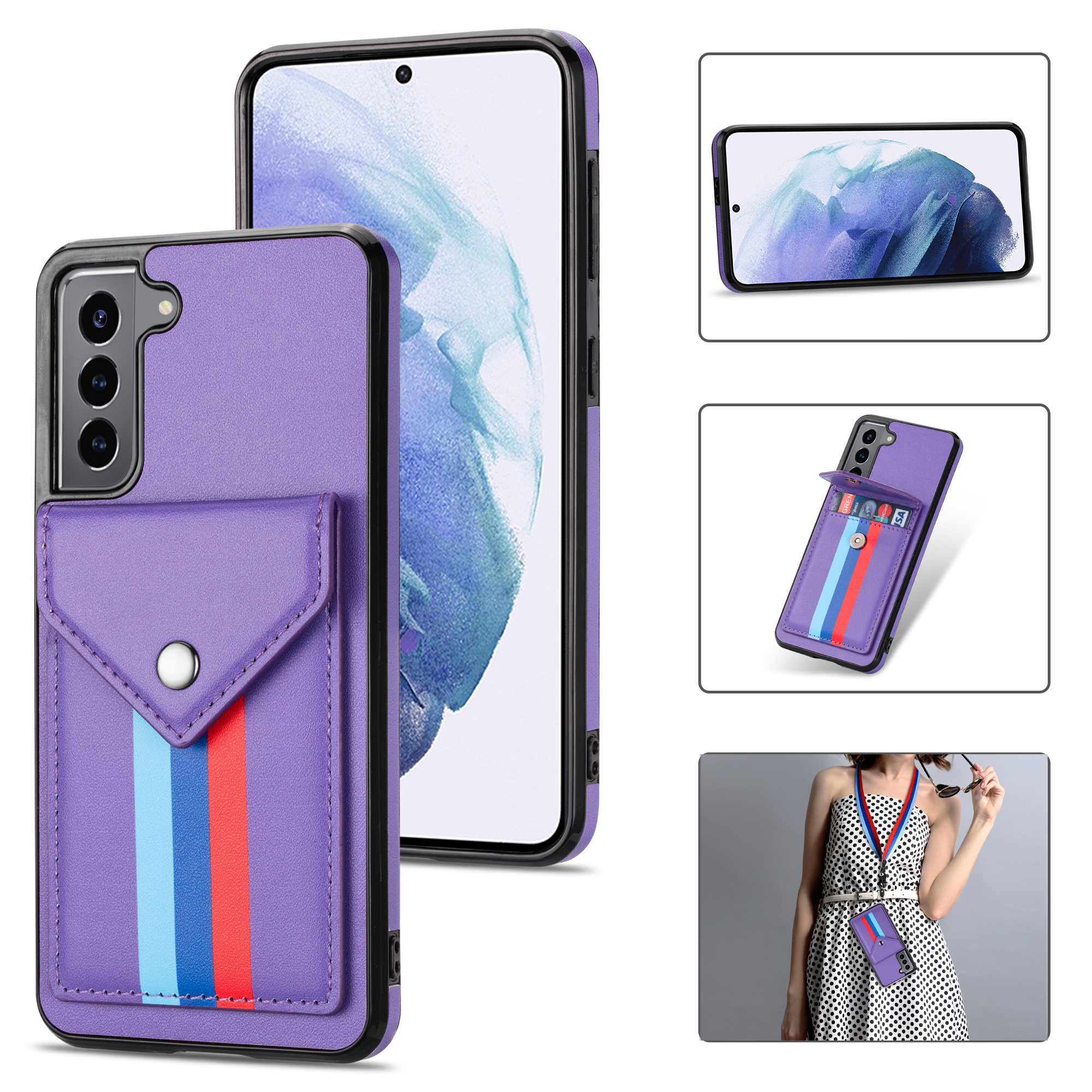 

TPU + PU Leather Hybrid Case Tri-color Card Slot Cover with Lanyard for Samsung Galaxy S21 5G - Purple, Galaxy S21 5G