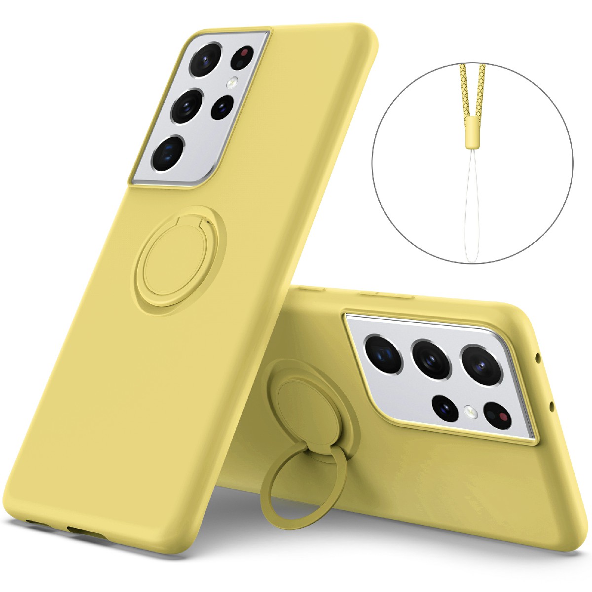 

Ring Kickstand Design Soft Liquid Silicone Phone Protective Shell with Strap for Samsung Galaxy S21 Ultra 5G - Yellow, Galaxy S21 Ultra 5G