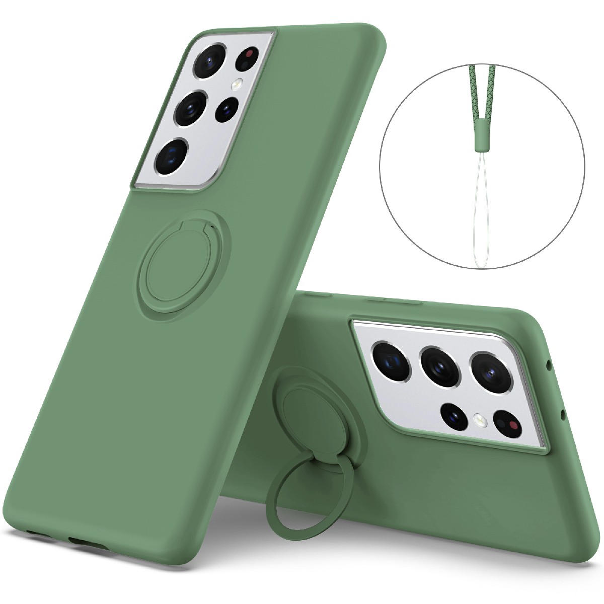 

Ring Kickstand Design Soft Liquid Silicone Phone Protective Shell with Strap for Samsung Galaxy S21 Ultra 5G - Green, Galaxy S21 Ultra 5G