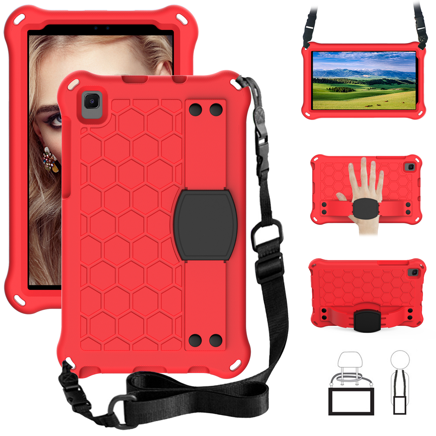 

Текстура Сотовой Текстуры EVA Shell Shell Case с Плечевым Ремнем Для Samsung Galaxy Tab A 8.0 (2019) с S Pen SM-P200 - Красный/черный, Galaxy Tab A 8.0 (2019) with S Pen P200