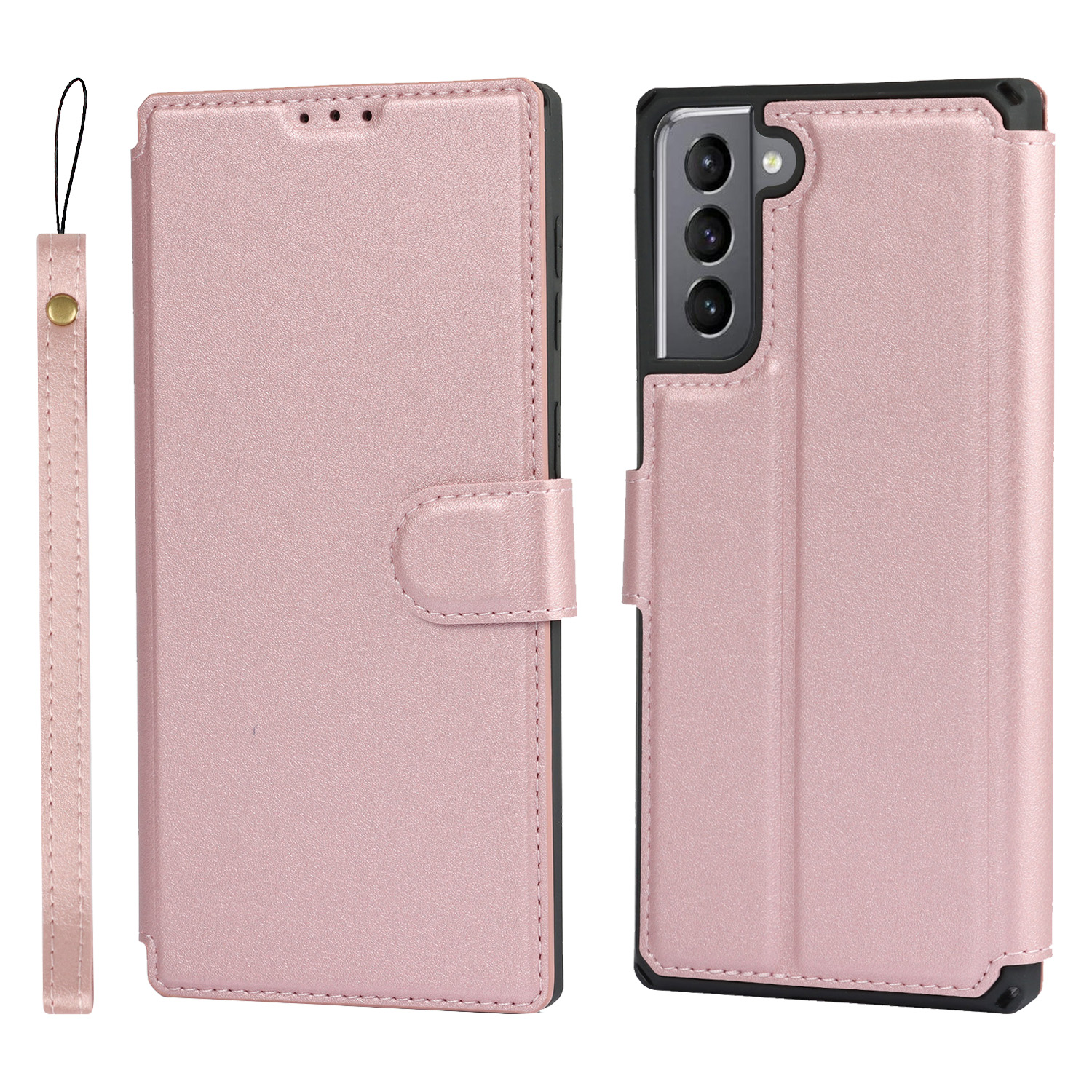 

PU Leather Wallet Phone Cover with Wrist Strap for Samsung Galaxy S21 5G - Rose Gold, Galaxy S21 5G