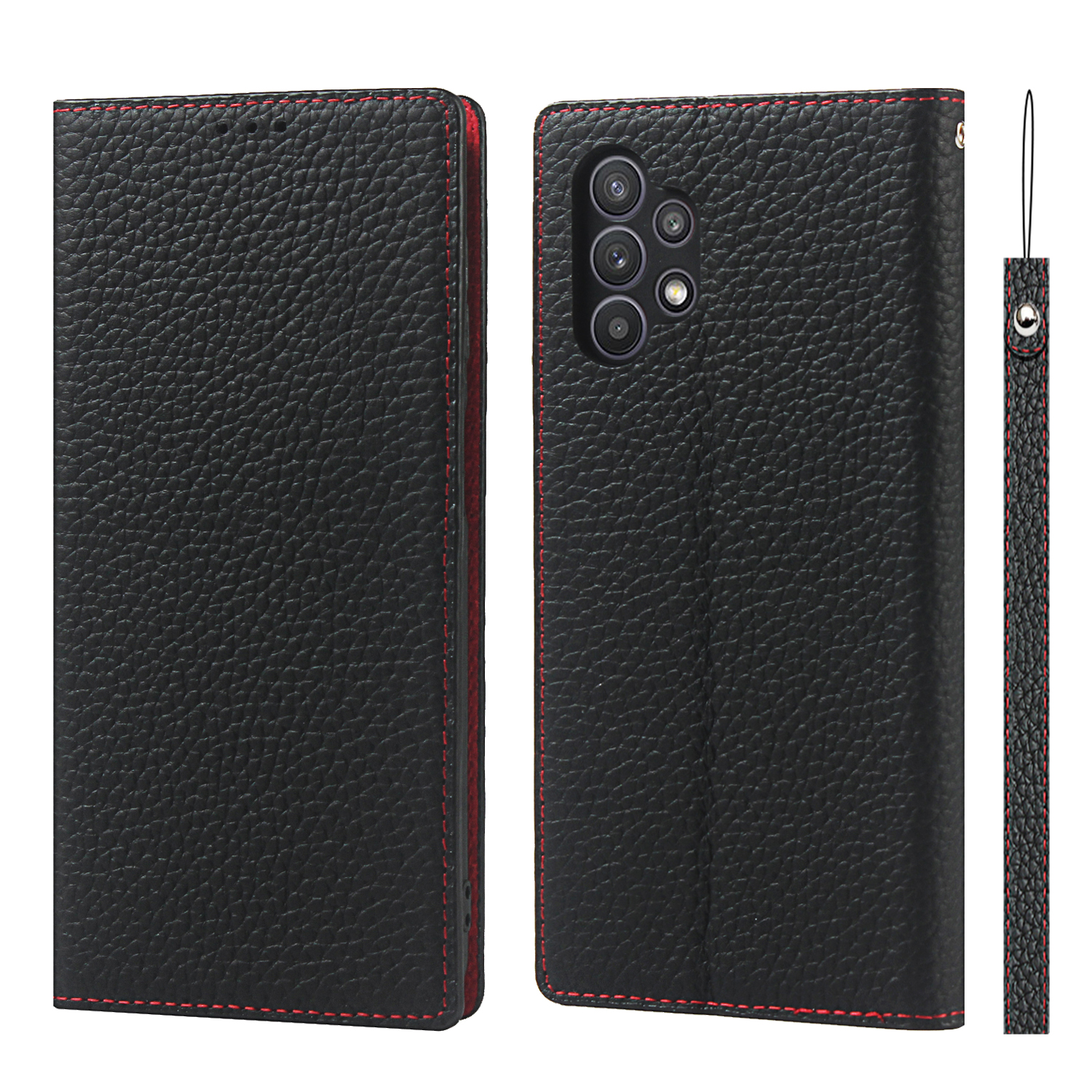 

Genuine Leather Litchi Texture Wallet Stand Phone Case with Strap for Samsung Galaxy A32 5G/M32 5G - Black, Galaxy A32 5G