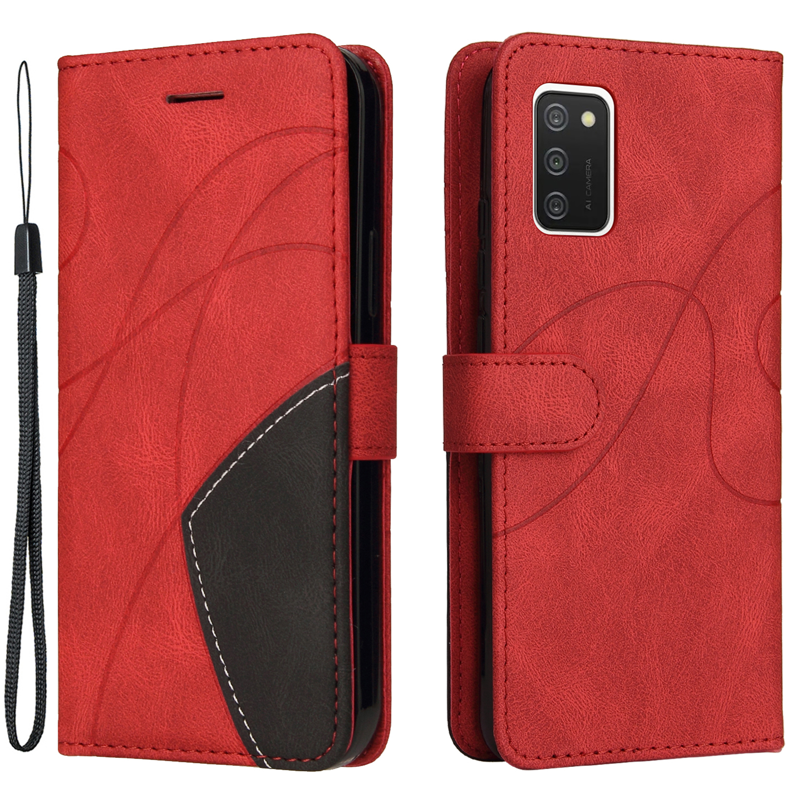 

Би-цветное Со Сплавом Кожаный Кошелек Cover Cover С Удобным Ремешком Для Samsung Galaxy A02S (166,5x75.9x9.2 Мм) - Красный, Galaxy A02s (166.5x75.9x9.2mm)