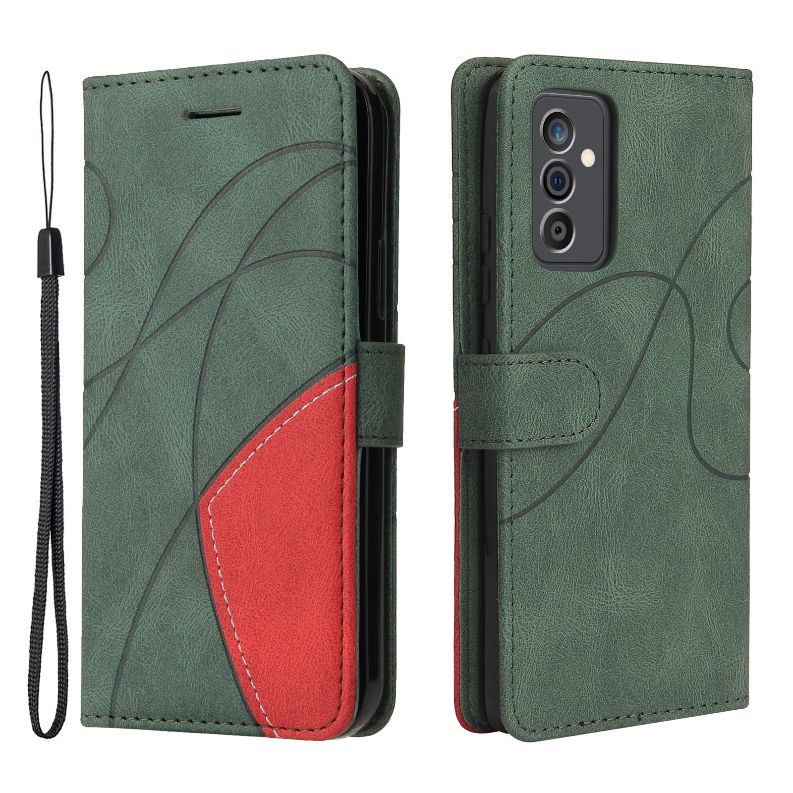 

Bi-color Splicing PU Leather Flip Folop Protective Stand Cover Case with Wrist Strap for Samsung Galaxy A82 5G - Green, Galaxy A82 5G