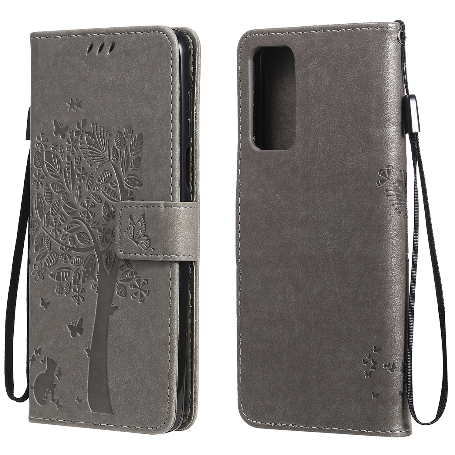 

KT Imprinting Flower Series-3 Imprinted Cat Tree Leather Stand Wallet Shell Phone Case with Strap for Samsung Galaxy A82 5G - Grey, Galaxy A82 5G