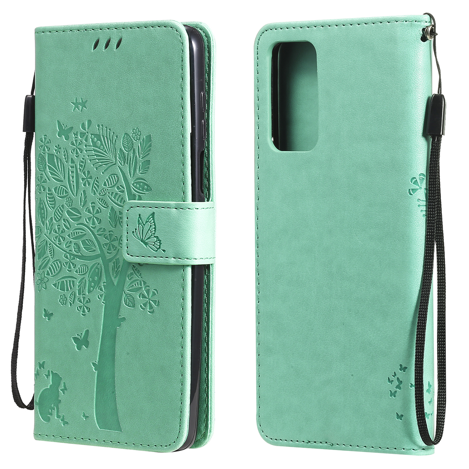

KT Imprinting Flower Series-3 Imprinted Cat Tree Leather Stand Wallet Shell Phone Case with Strap for Samsung Galaxy A82 5G - Green, Galaxy A82 5G