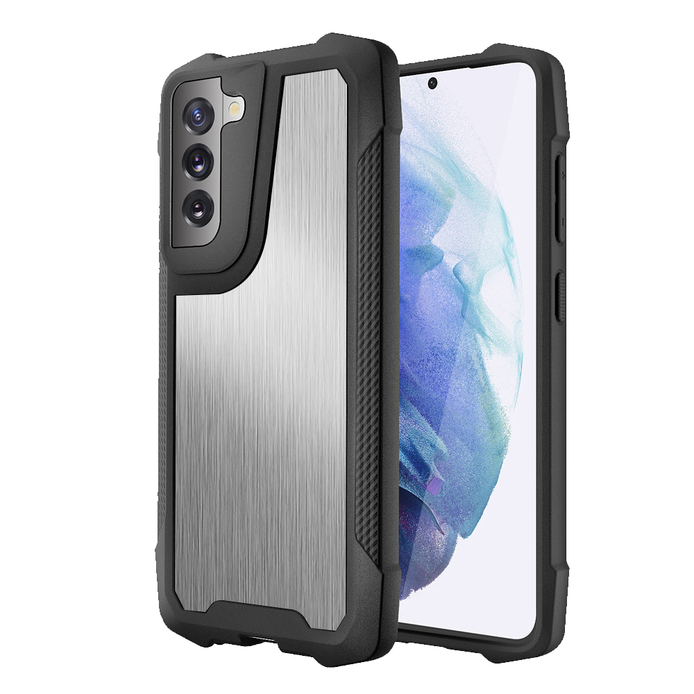 

Drop-Proof Metal Back Panel + PC + TPU Hybrid Mobile Phone Cover for Samsung Galaxy S21 FE - Brushed/Silver, Galaxy S21 FE 5G